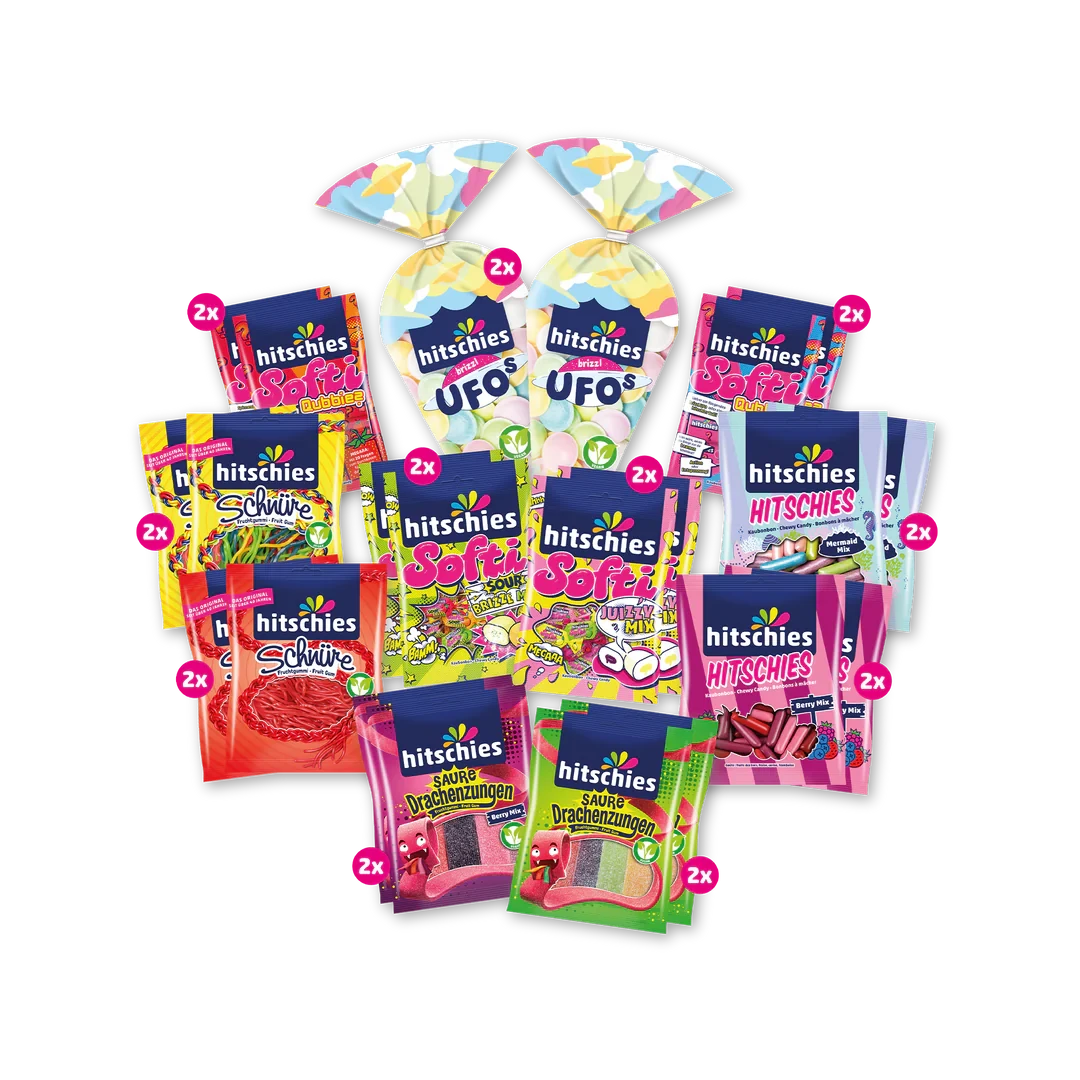 Bündel mit 22 verschiedenen Süßigkeiten in bunten Verpackungen für Naschkatzen.
