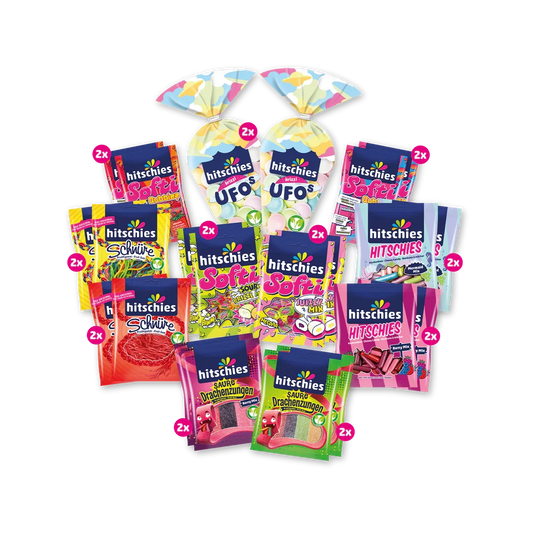 Bündel mit 22 verschiedenen Süßigkeiten in bunten Verpackungen für Naschkatzen.