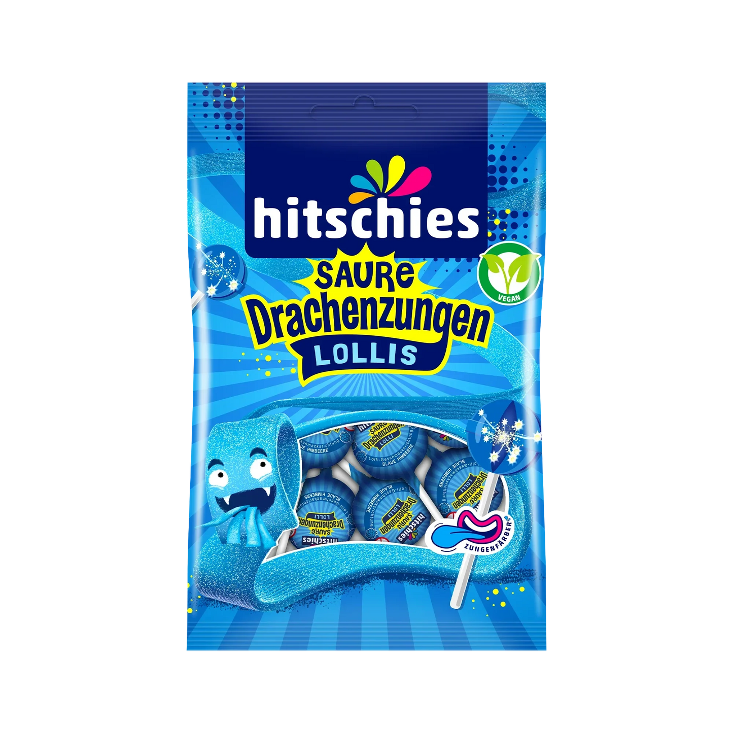 Hitschies Saure Drachenzungen Lollis blau – Produktansicht