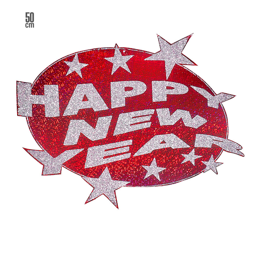 "HOLOGRAFISCHE WANDDEKO HAPPY NEW YEAR ROT" Ø 50 cm – Vorderansicht
