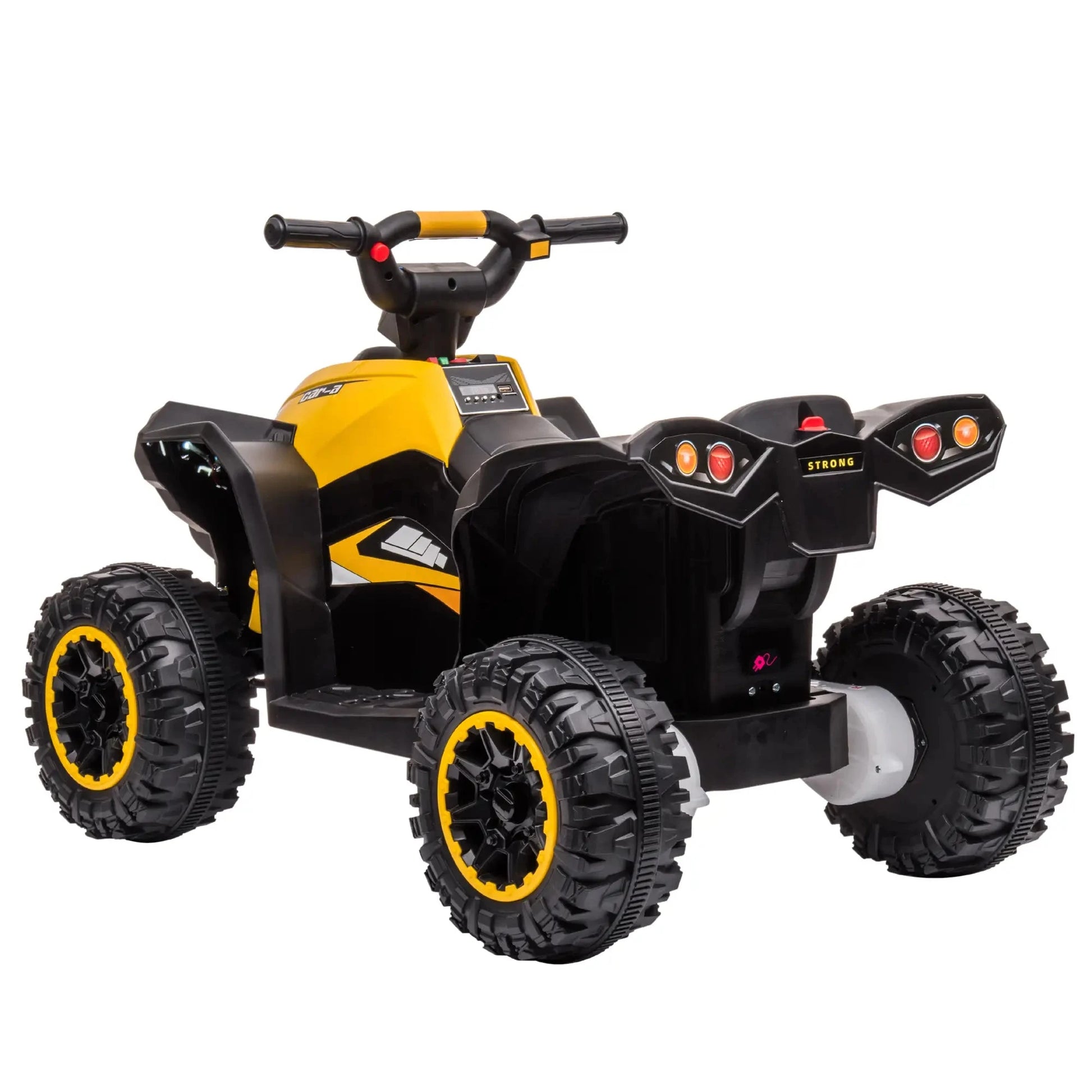 Gelbes und schwarzes Kinder-Elektroquad mit LED-Lichtern und Soundeffekten, 6 km/h schnell.
