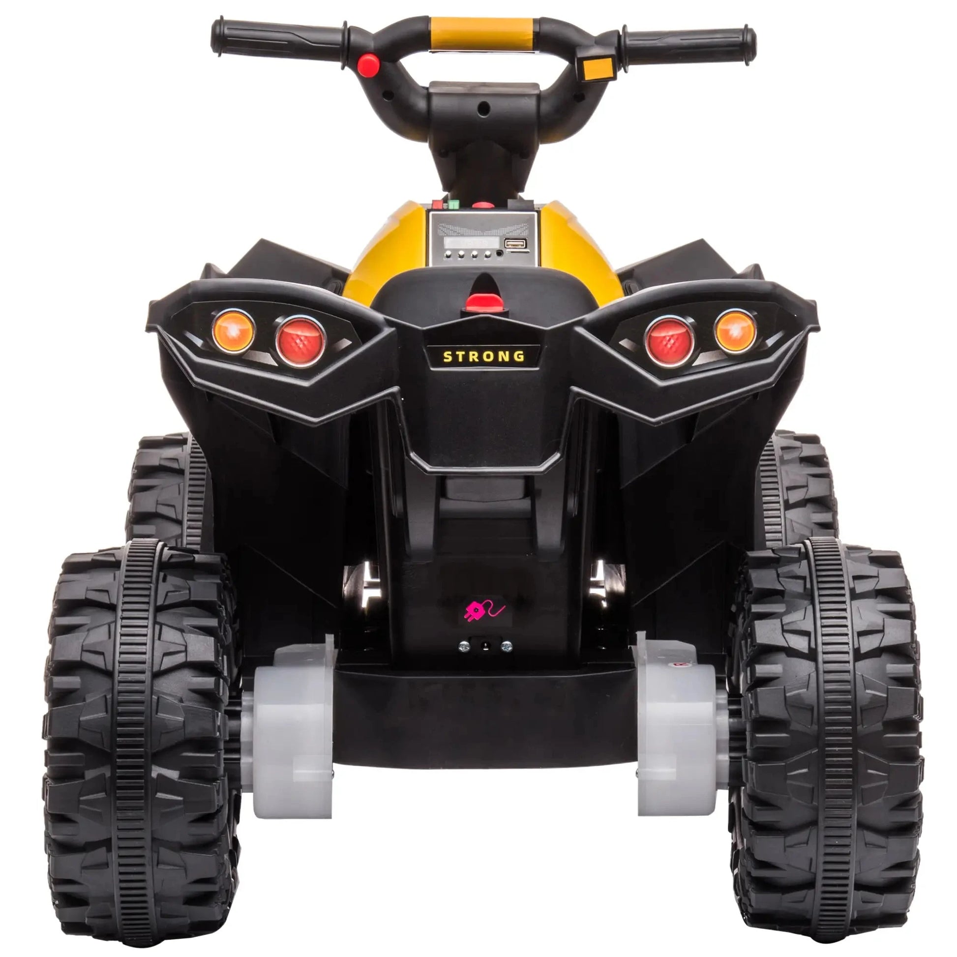 Gelbes und schwarzes Elektro-Quad für Kinder mit LED-Lichtern und Hupe.