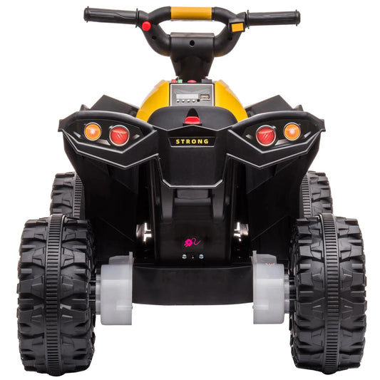 Gelbes und schwarzes Elektro-Quad für Kinder mit LED-Lichtern und Hupe.