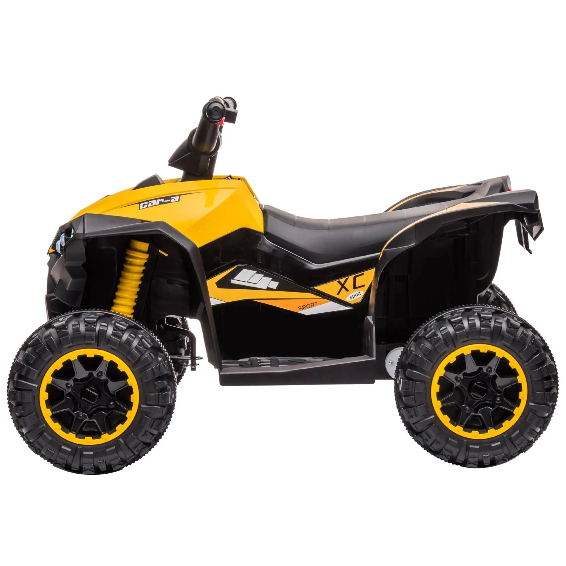 Gelbes und schwarzes elektrisches Quad für Kinder mit Licht- und Soundeffekten.