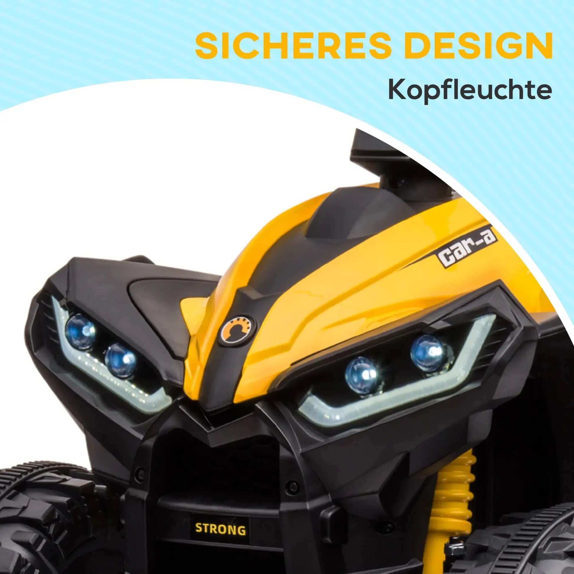 Gelbes und schwarzes HOMCOM Kinder Quad mit LED-Scheinwerfern und Hupe, für 3 Jahre und älter.