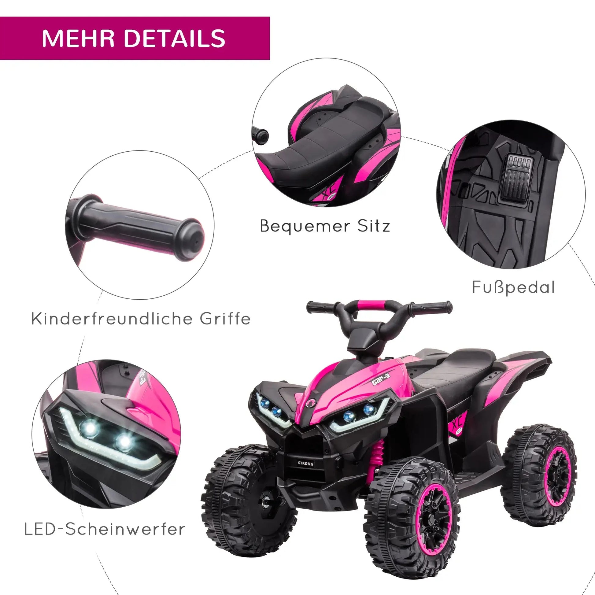 HOMCOM Kinder Quad in Pink und Schwarz mit LED-Licht und MP3-Anschluss.