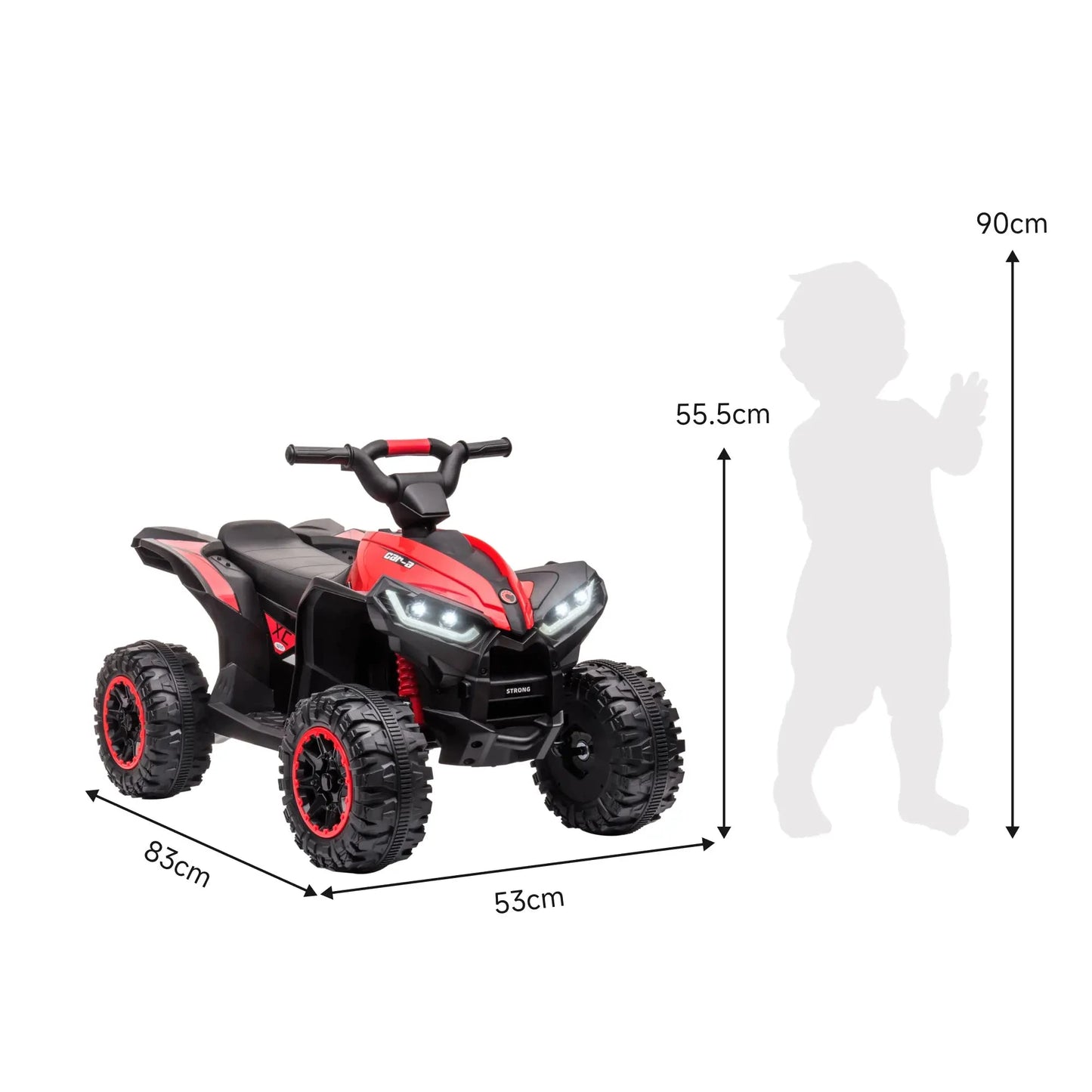 Rotes und schwarzes elektrisches Quad für Kinder mit Sound- und Lichteffekten.