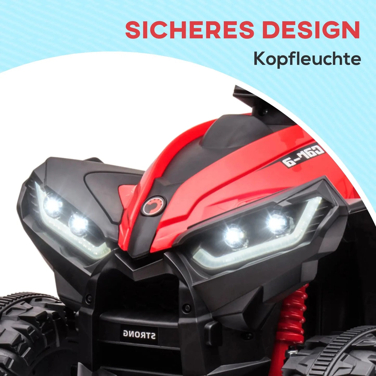 Rotes und schwarzes Kinder-Elektroquad mit LED-Lichtern und Soundeffekten auf weißem Hintergrund