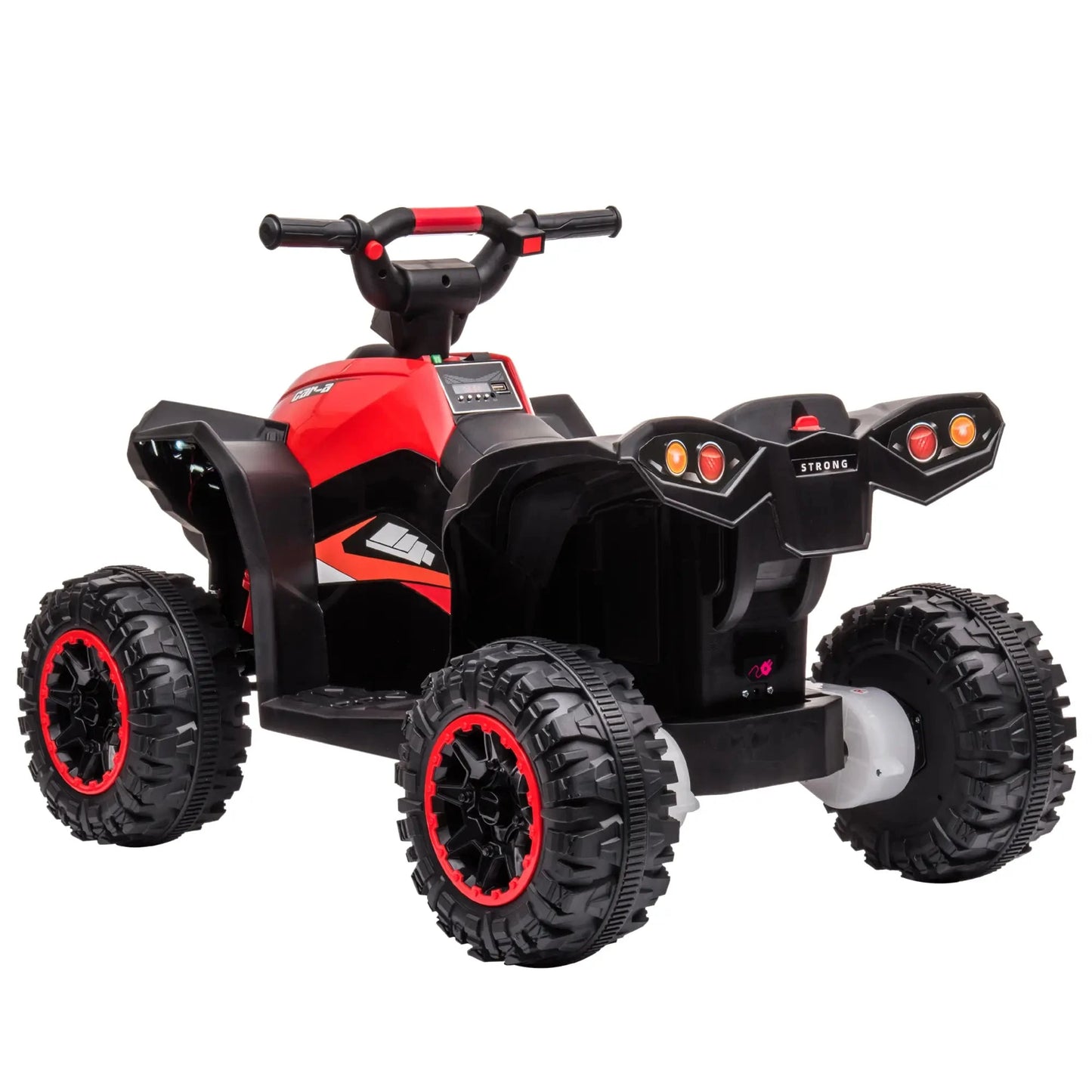 Rotes und schwarzes elektrisches Quad für Kinder mit Sound- und Lichteffekten.