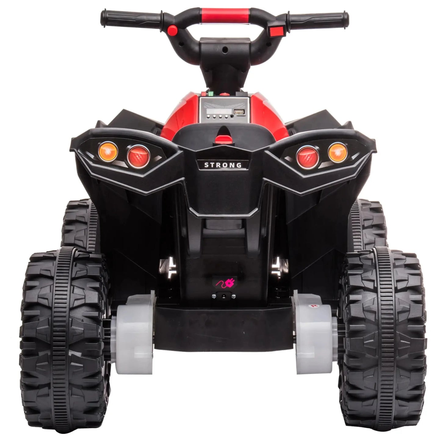 Rotes und schwarzes elektrisches Quad für Kinder mit Sound- und Lichteffekten.