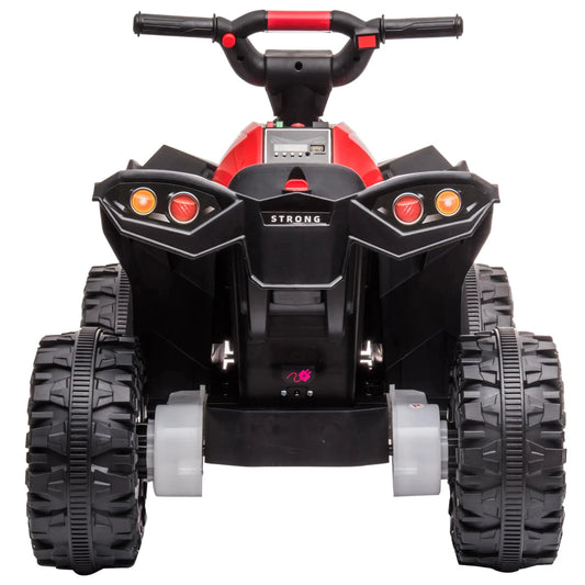 Rotes und schwarzes elektrisches Quad für Kinder mit Sound- und Lichteffekten.