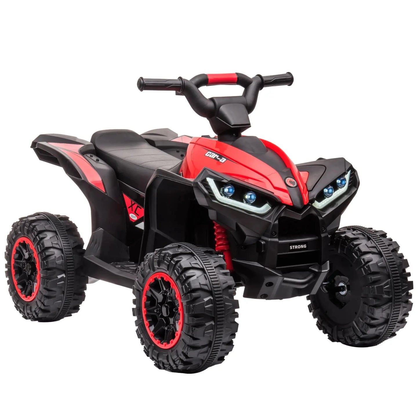 Rotes und schwarzes elektrisches Kinderquad mit LED-Lichtern und ergonomischem Sitz auf weißem Hintergrund