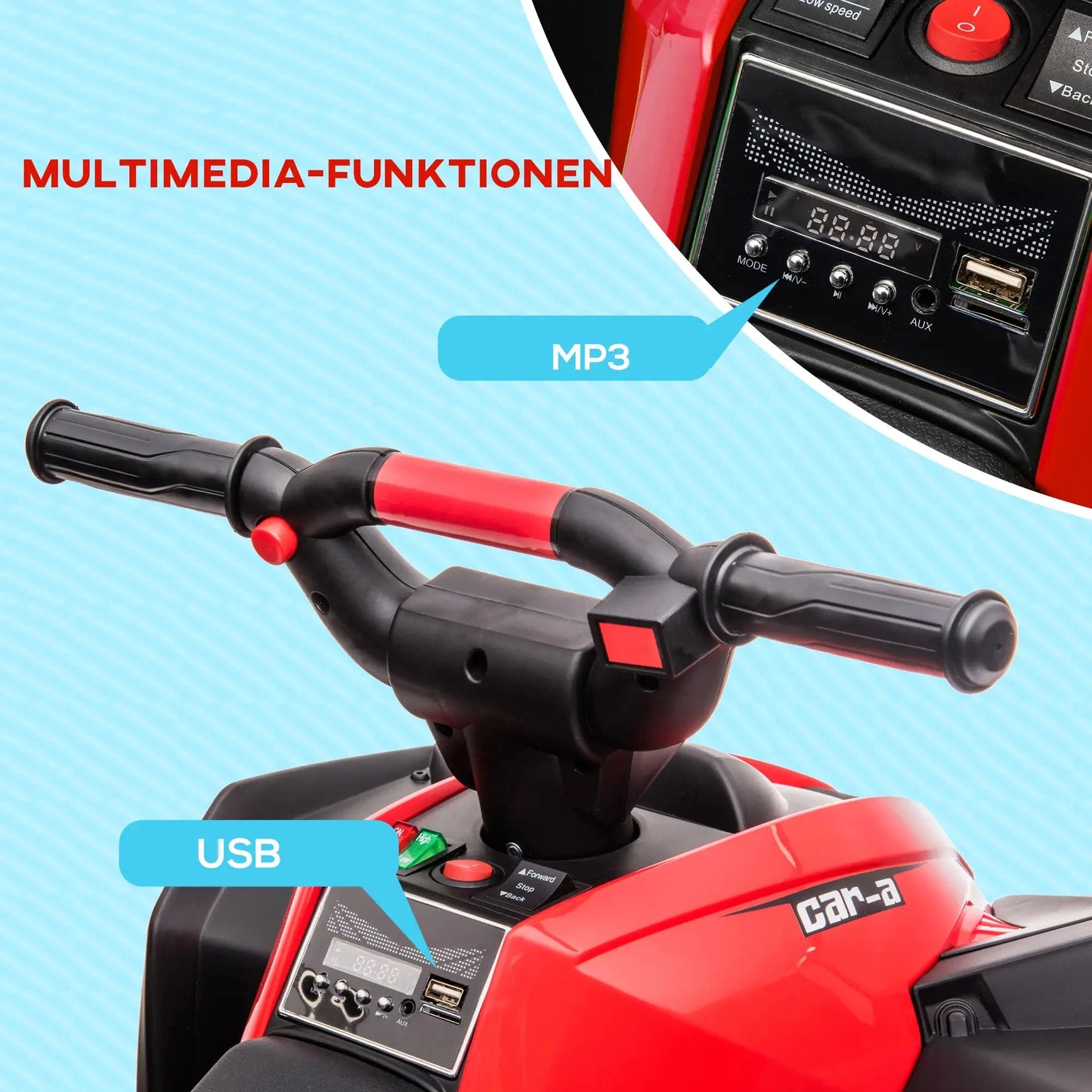 Rotes und schwarzes elektrisches Quad für Kinder mit Sound- und Lichteffekten.