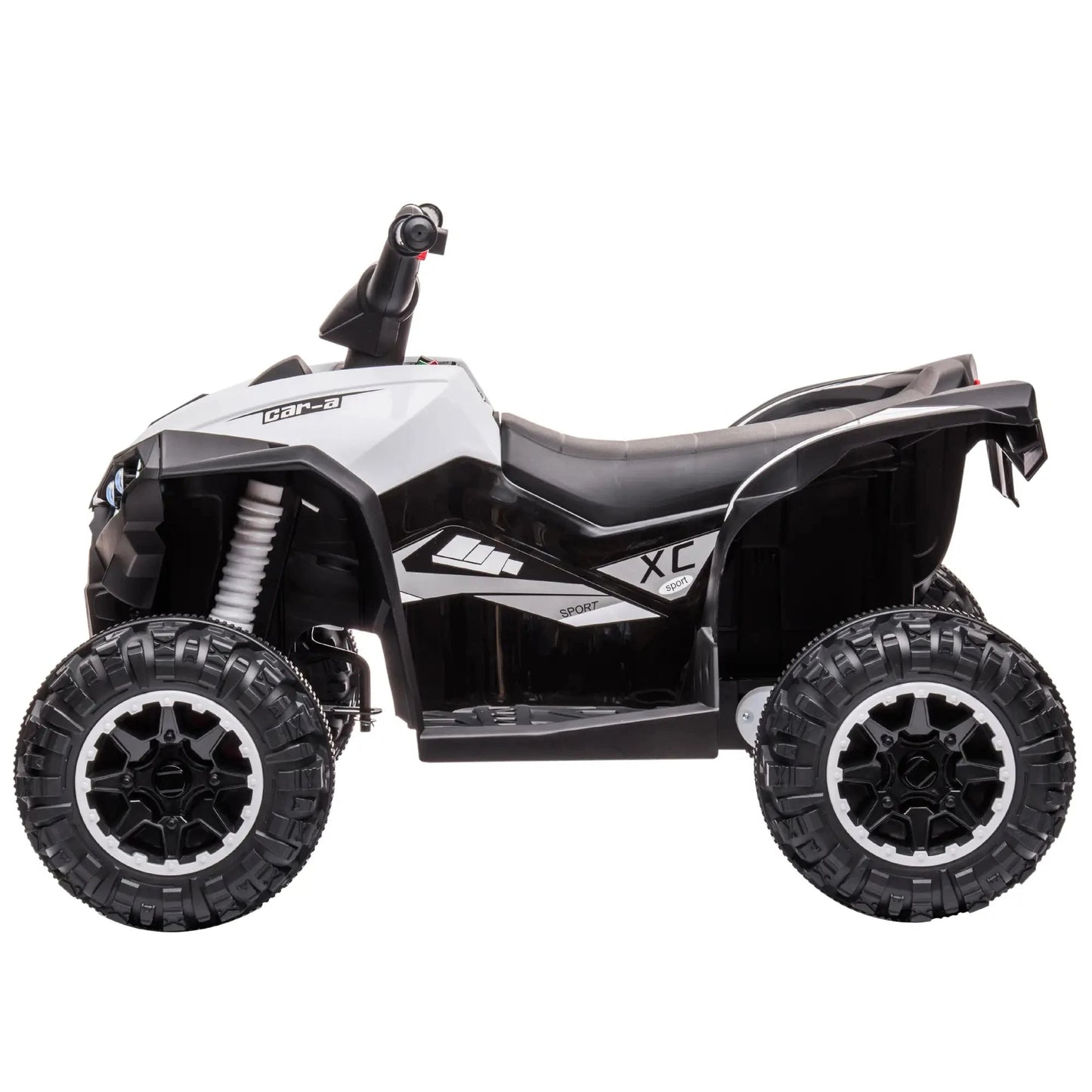 Schwarzes und weißes Elektro Quad für Kinder mit Licht, Sound und robusten Kunststoffrädern.