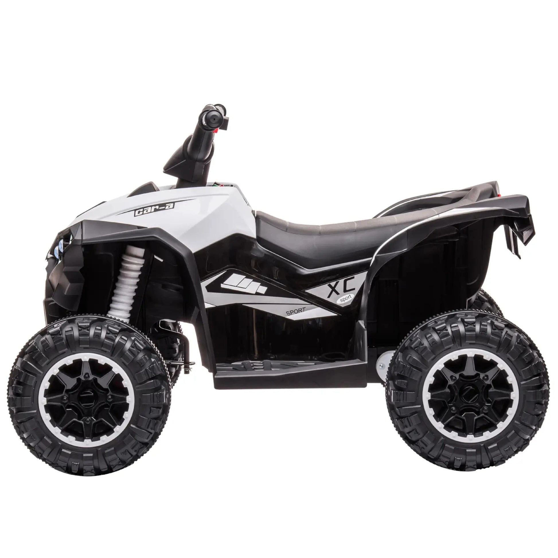 Schwarzes und weißes Elektro Quad für Kinder mit Licht, Sound und robusten Kunststoffrädern.