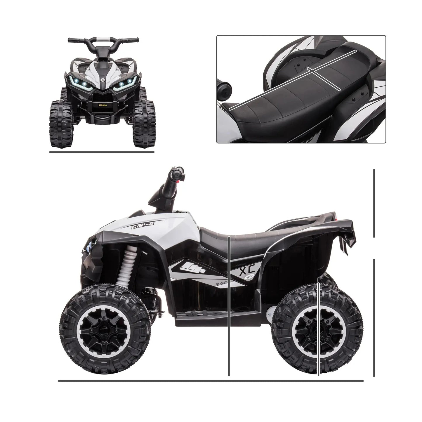 Schwarzes und weißes Elektro-Kinderquad mit LED-Lichtern und MP3-Player für Kinder ab 3 Jahren.