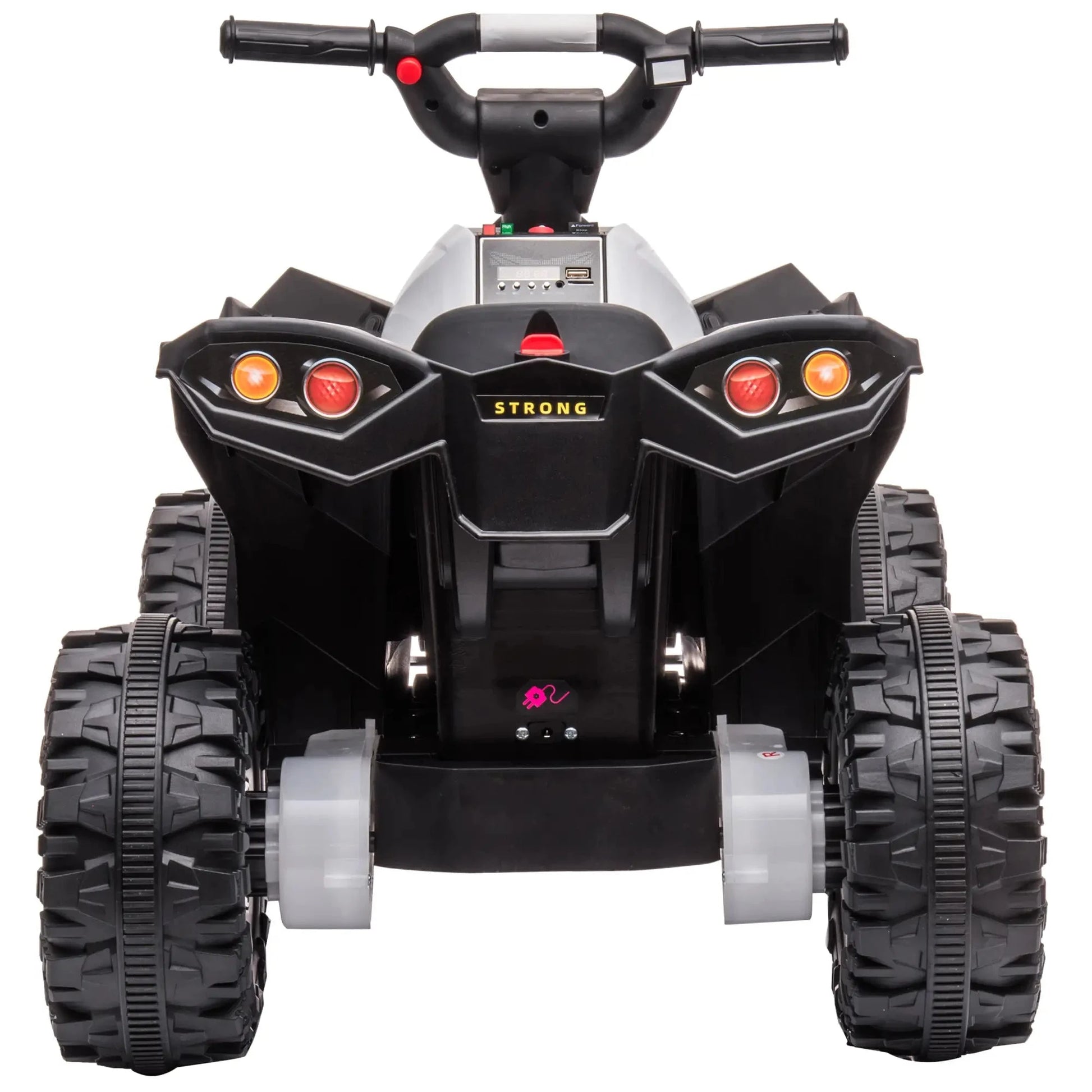 Schwarzes und weißes Kinder Elektro Quad mit LED-Licht, Hupe und robusten Kunststoffrädern.