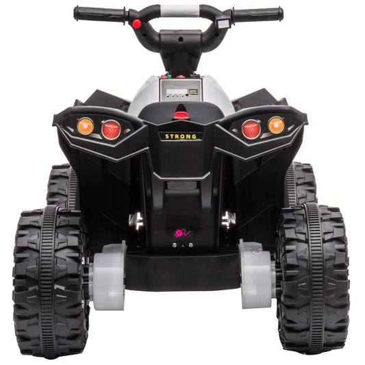 Schwarzes und weißes Kinder Elektro Quad mit LED-Licht, Hupe und robusten Kunststoffrädern.