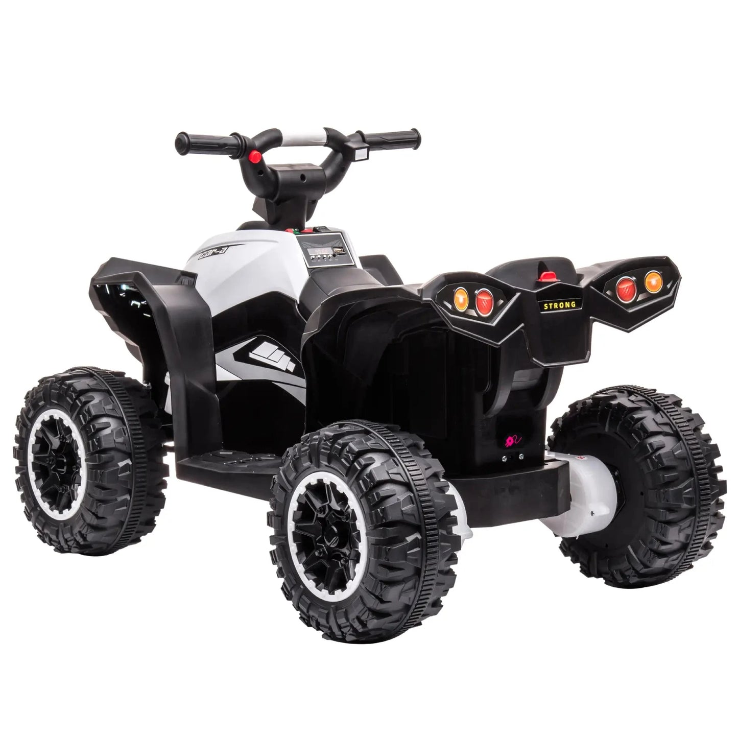 Schwarzes und weißes Elektro-Quad für Kinder mit LED-Lichtern und Soundfunktion.