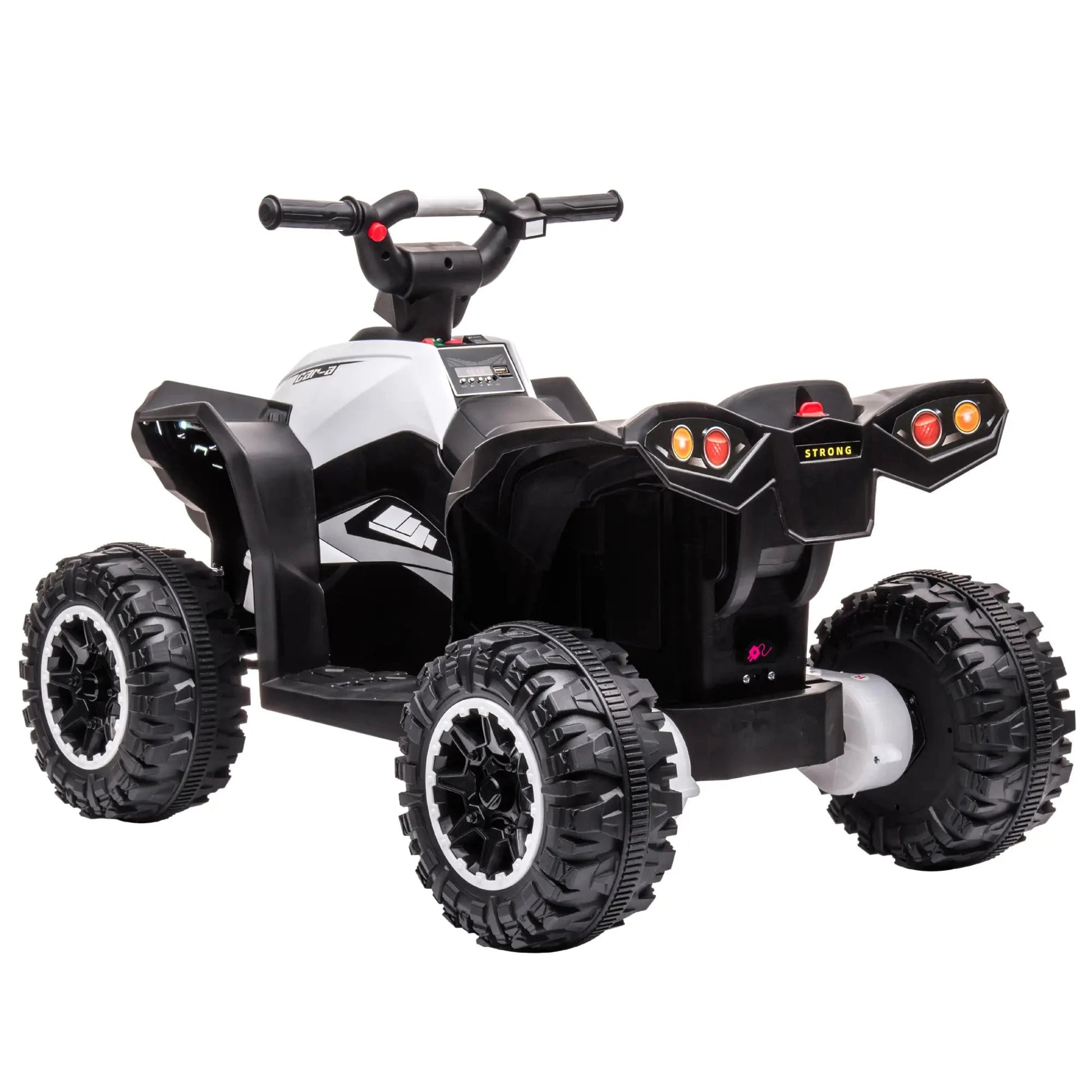 Schwarzes und weißes Elektro-Quad für Kinder mit LED-Lichtern und Soundfunktion.