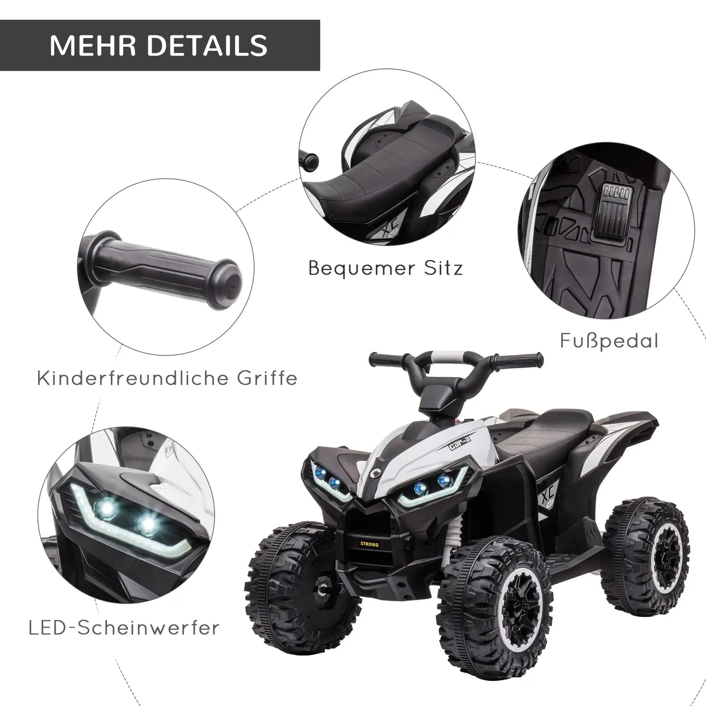 Schwarzes und weißes Elektro-Quad für Kinder mit LED-Lichtern und Soundfunktionen.