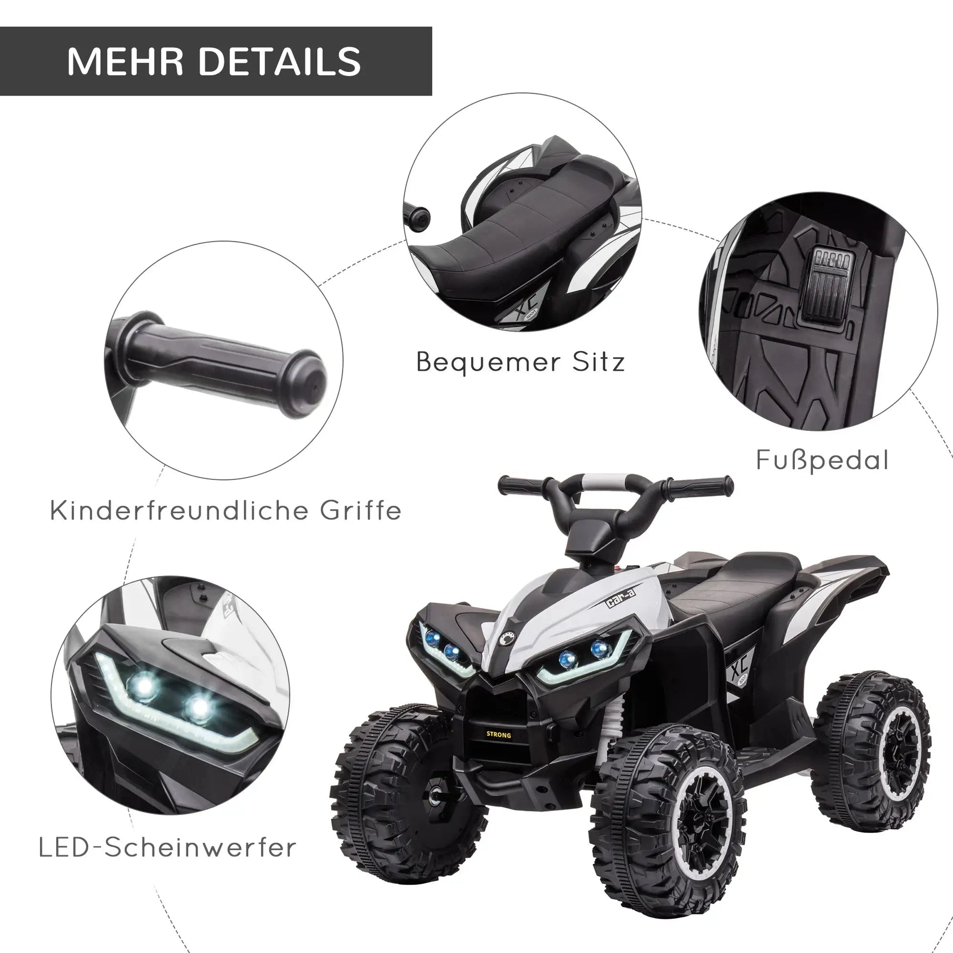 Schwarzes und weißes Elektro-Quad für Kinder mit LED-Lichtern und Soundfunktionen.