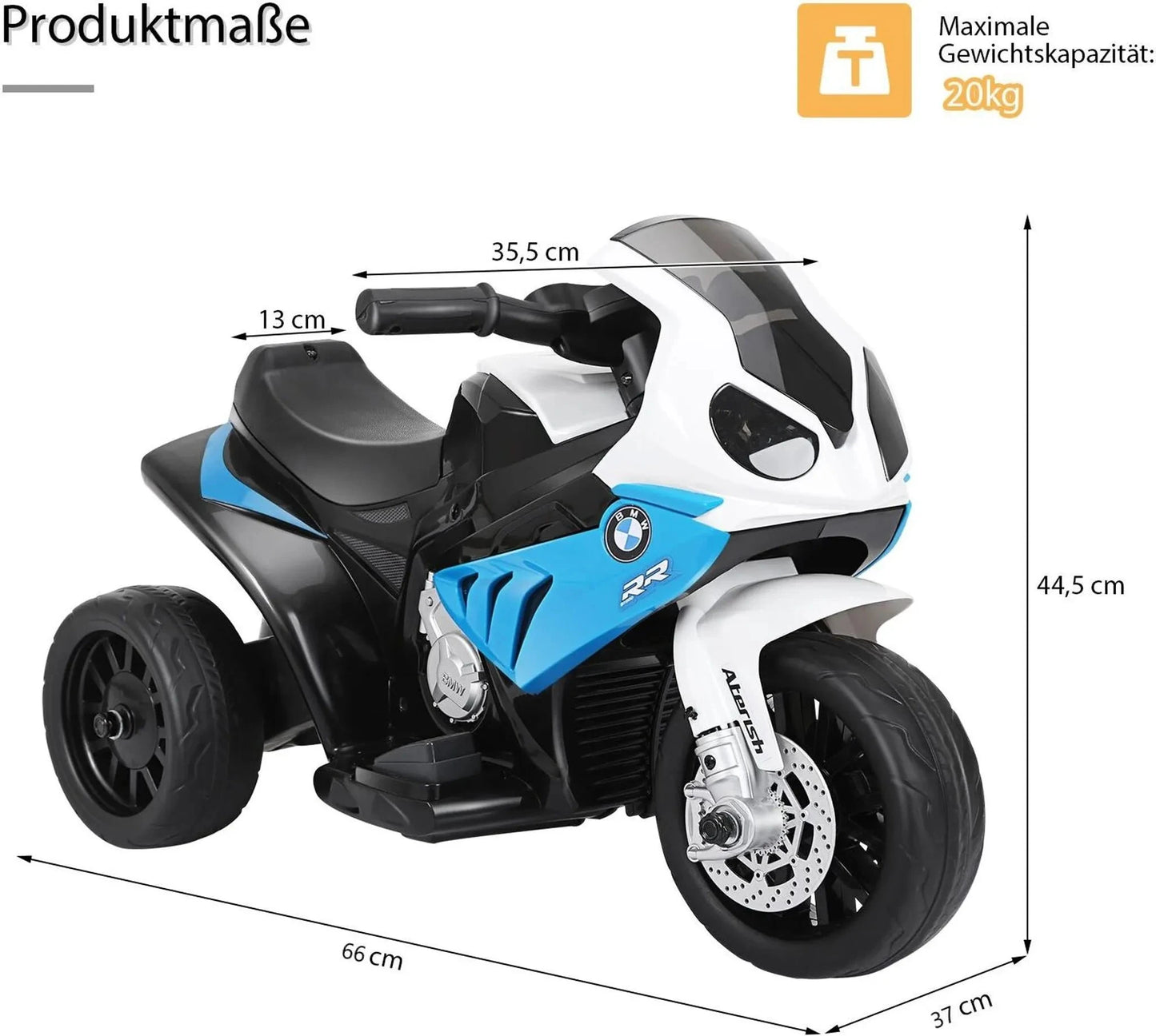 Blaues Kinder Elektro Motorrad BMW S1000 RR mit drei Rädern, Licht und Soundfunktion