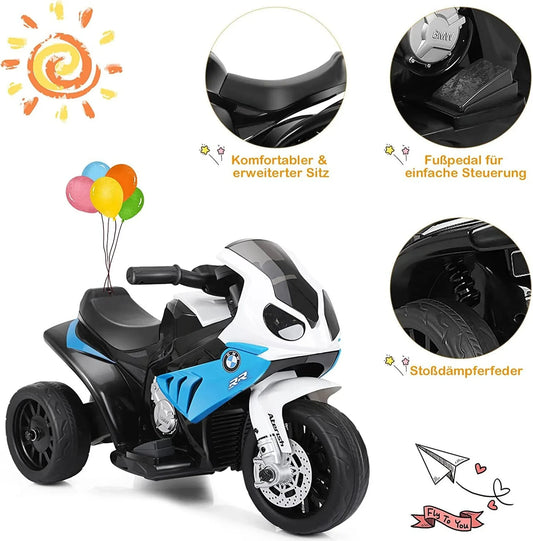 Blaues HOMCOM BMW S1000 RR Kinder Elektro Motorrad mit Licht und Sound, für Kinder ab 3 Jahren.