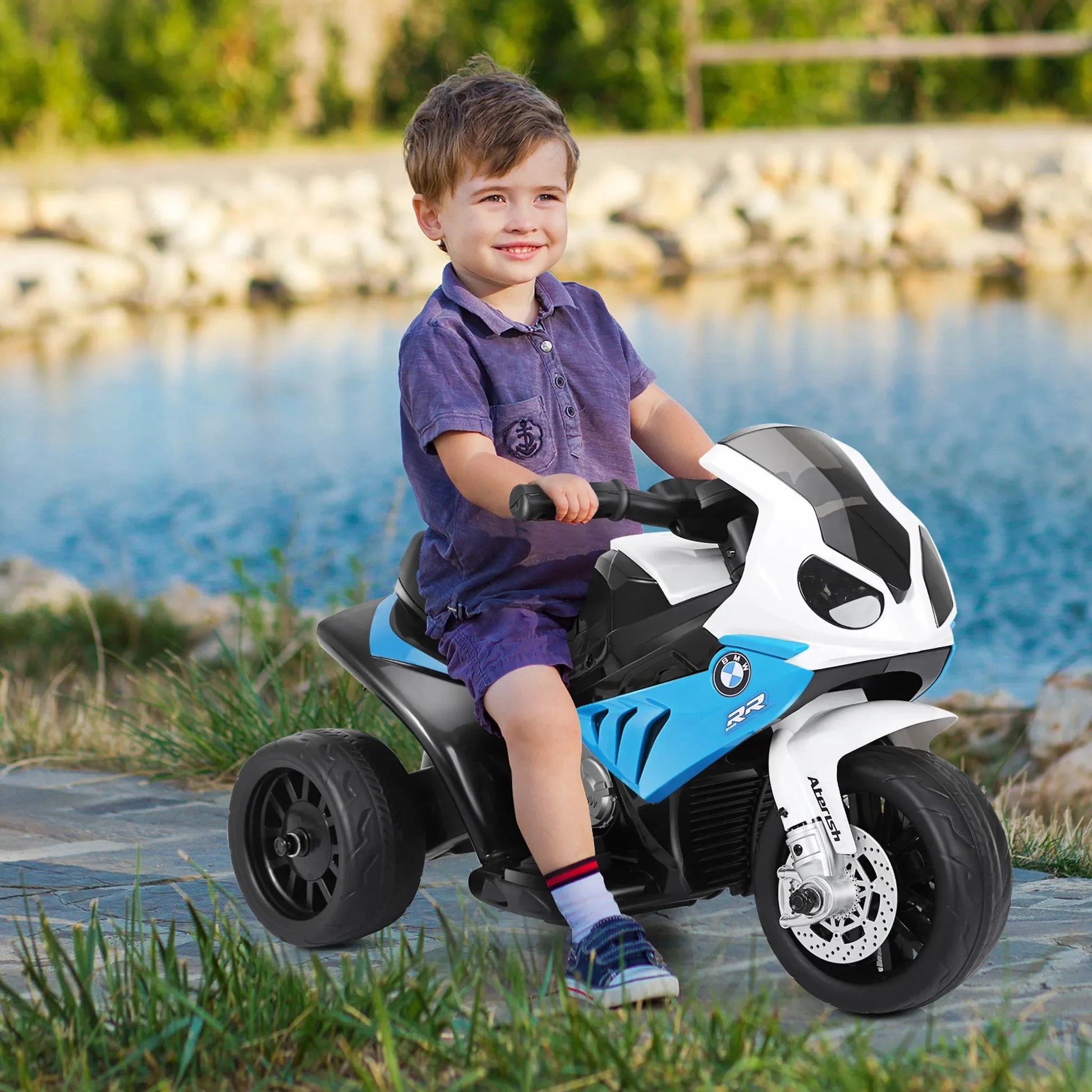 Blaues HOMCOM BMW S1000 RR Kinder Elektro Motorrad mit Licht und Sound für Kinder ab 3 Jahren.