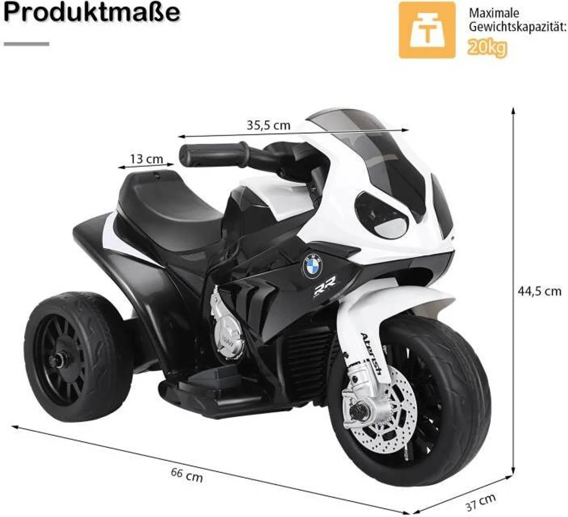 Weißes Kinder-Elektromotorrad BMW S1000 RR mit drei Rädern, Licht und Soundfunktion