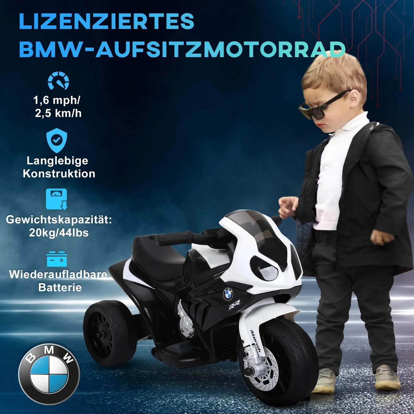Weißes HOMCOM BMW S1000 RR Kinder Elektro Motorrad mit LED-Lichtern und Motor-Sound.