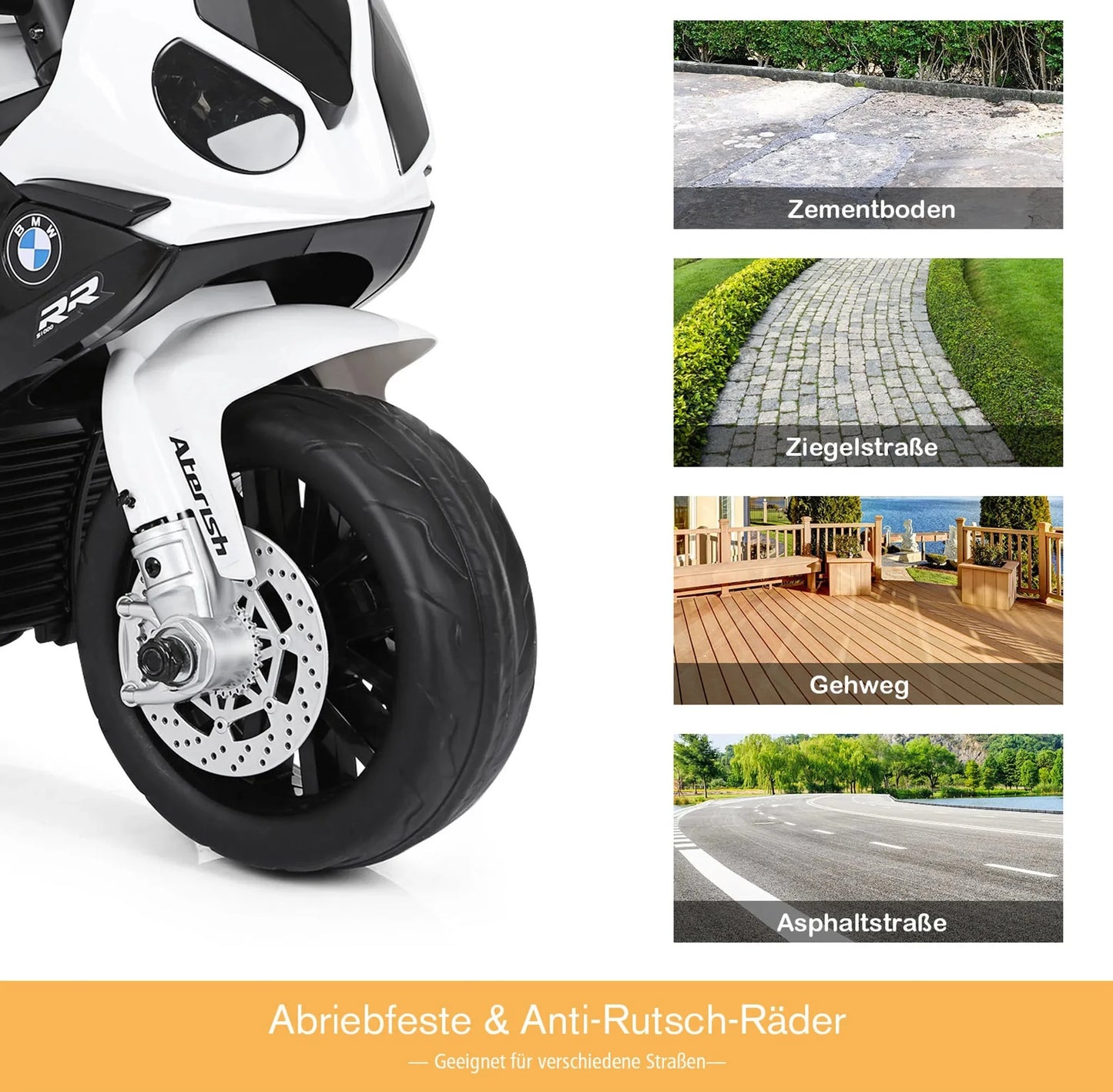 Weißes BMW S1000 RR Kinder Elektro Motorrad mit drei Rädern, Licht und Sound