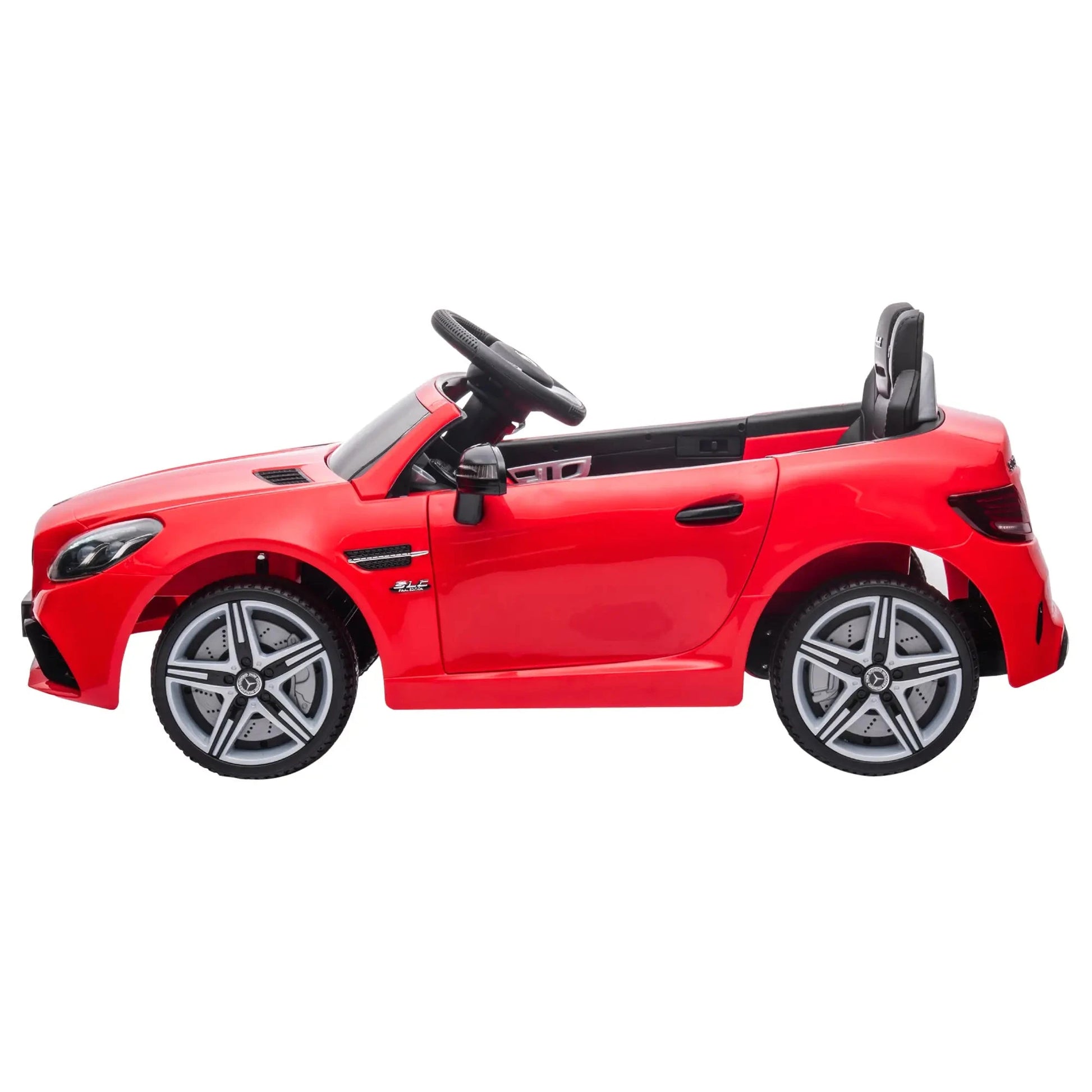 Rotes Mercedes SLC 300 Cabrio Elektro-Kinderauto mit LED-Scheinwerfern und Sicherheitsgurt