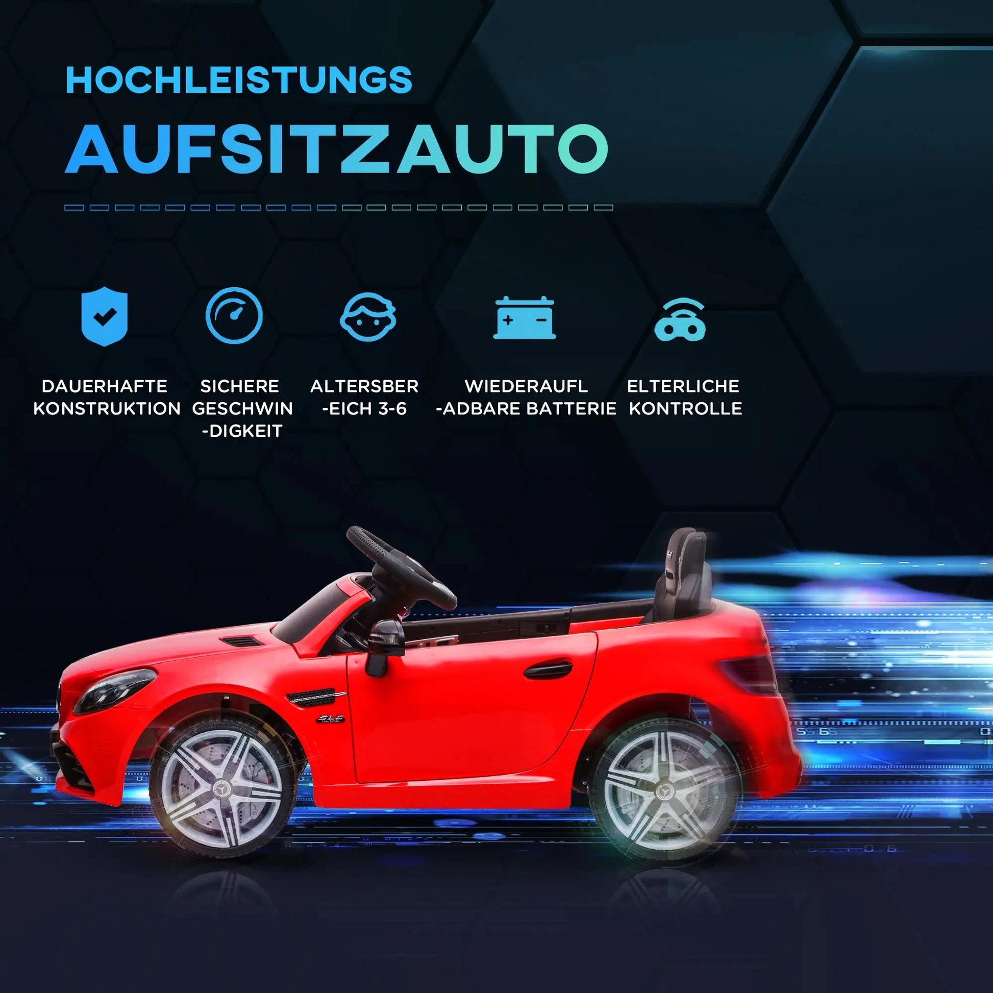Rotes Mercedes SLC 300 Cabrio Kinder Elektroauto mit LED-Scheinwerfern und Sicherheitsgurt.