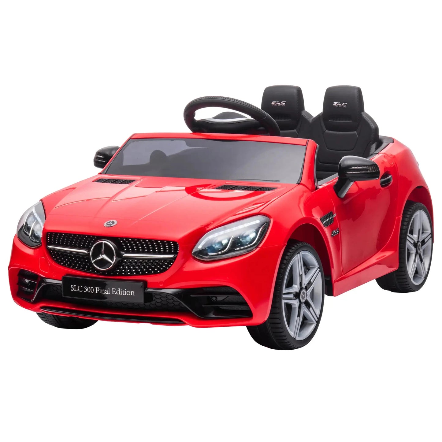 Rotes Mercedes SLC 300 Cabrio Elektro-Kinderauto mit LED-Lichtern und Sicherheitsgurt.