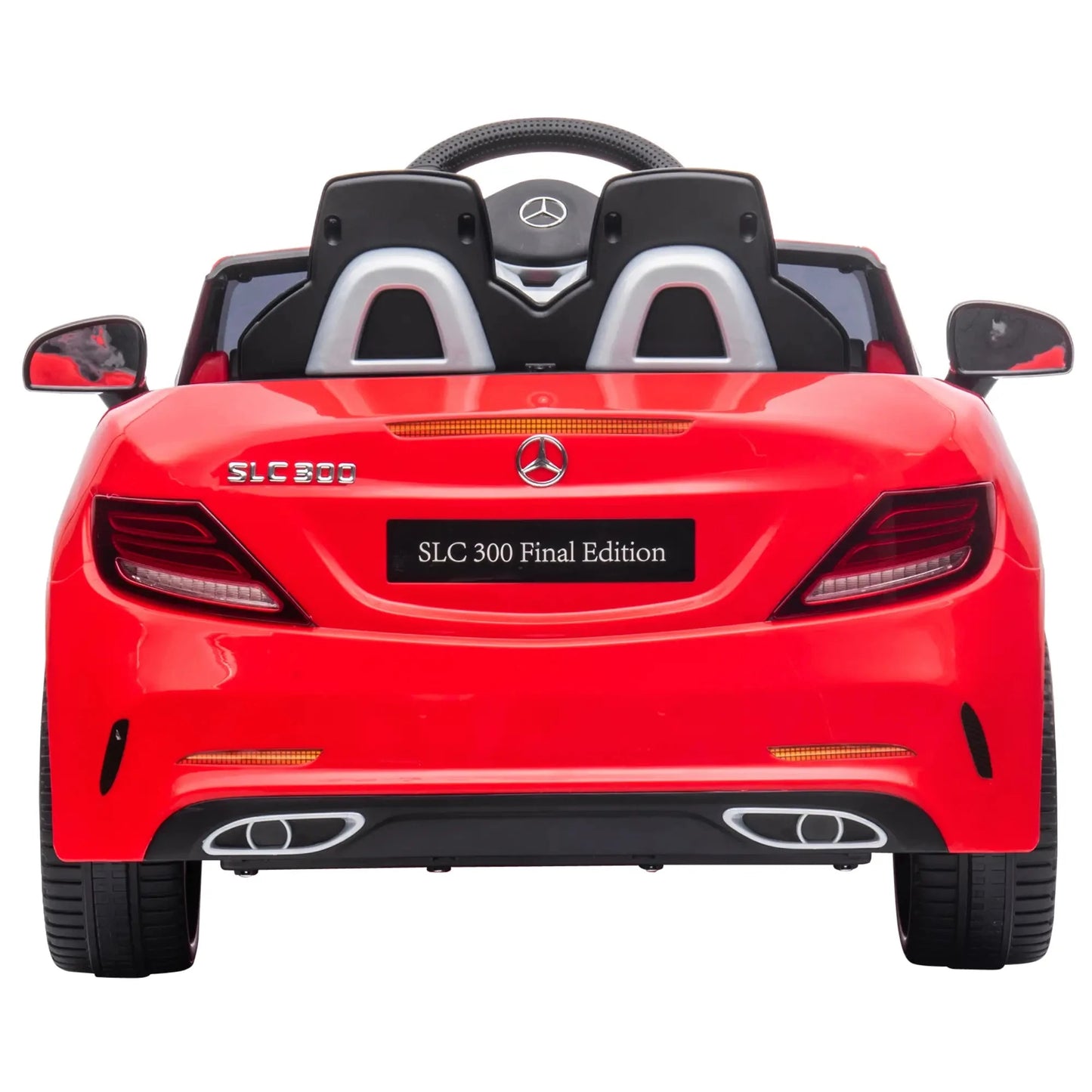 Rotes Mercedes SLC 300 Cabrio Elektroauto für Kinder mit LED-Scheinwerfern und Sicherheitsgurt.