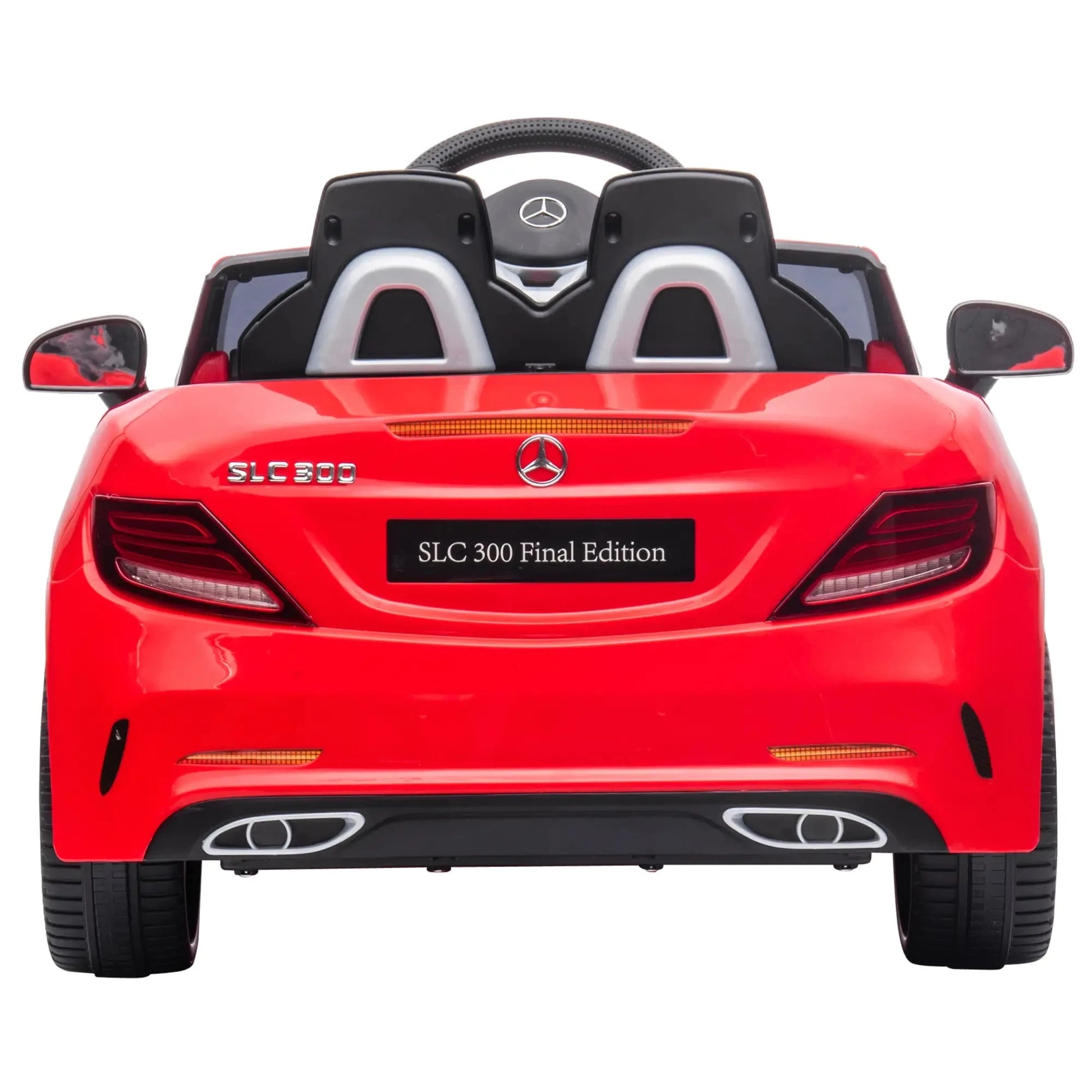 Rotes Mercedes SLC 300 Cabrio Elektroauto für Kinder mit LED-Scheinwerfern und Sicherheitsgurt.