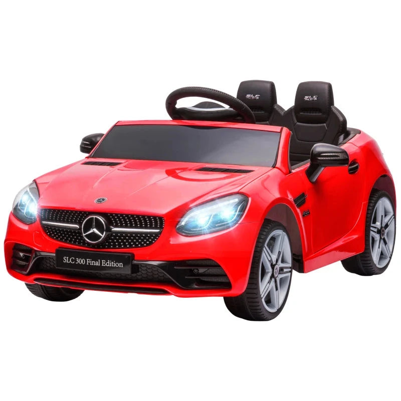 Rotes Mercedes SLC 300 Cabrio Elektroauto für Kinder mit LED-Scheinwerfern und Musikfunktion.