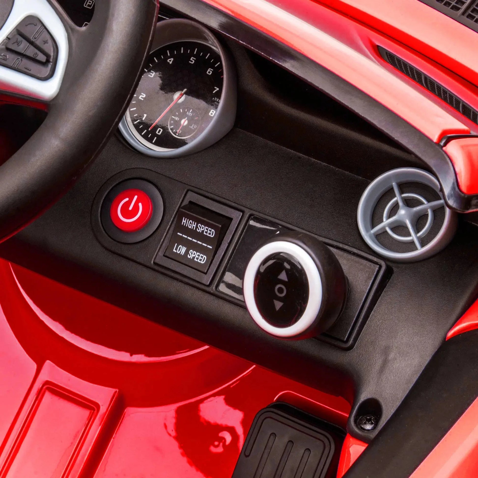 Rotes Mercedes SLC 300 Cabrio Kinder Elektroauto mit LED-Scheinwerfern und Sicherheitsgurt