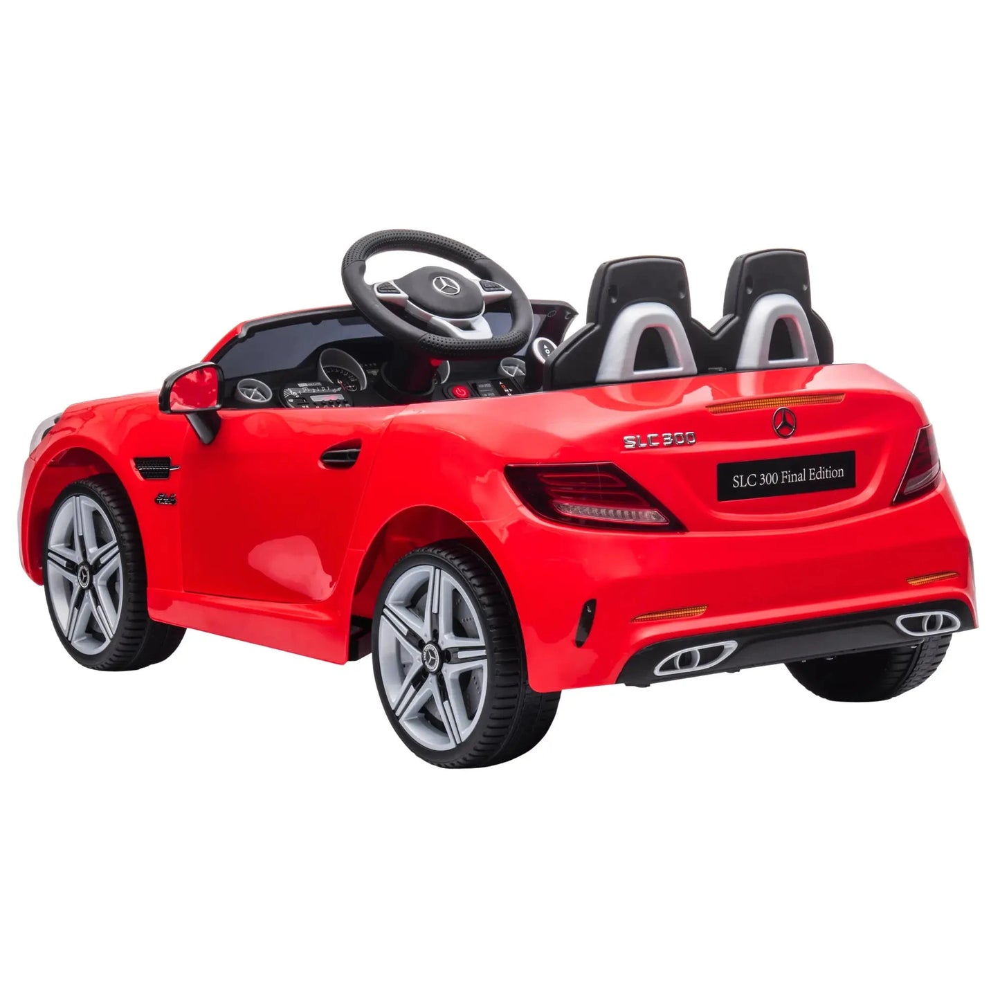 Rotes Mercedes SLC 300 Cabrio Elektroauto für Kinder mit LED-Scheinwerfern und Sicherheitsgurt.