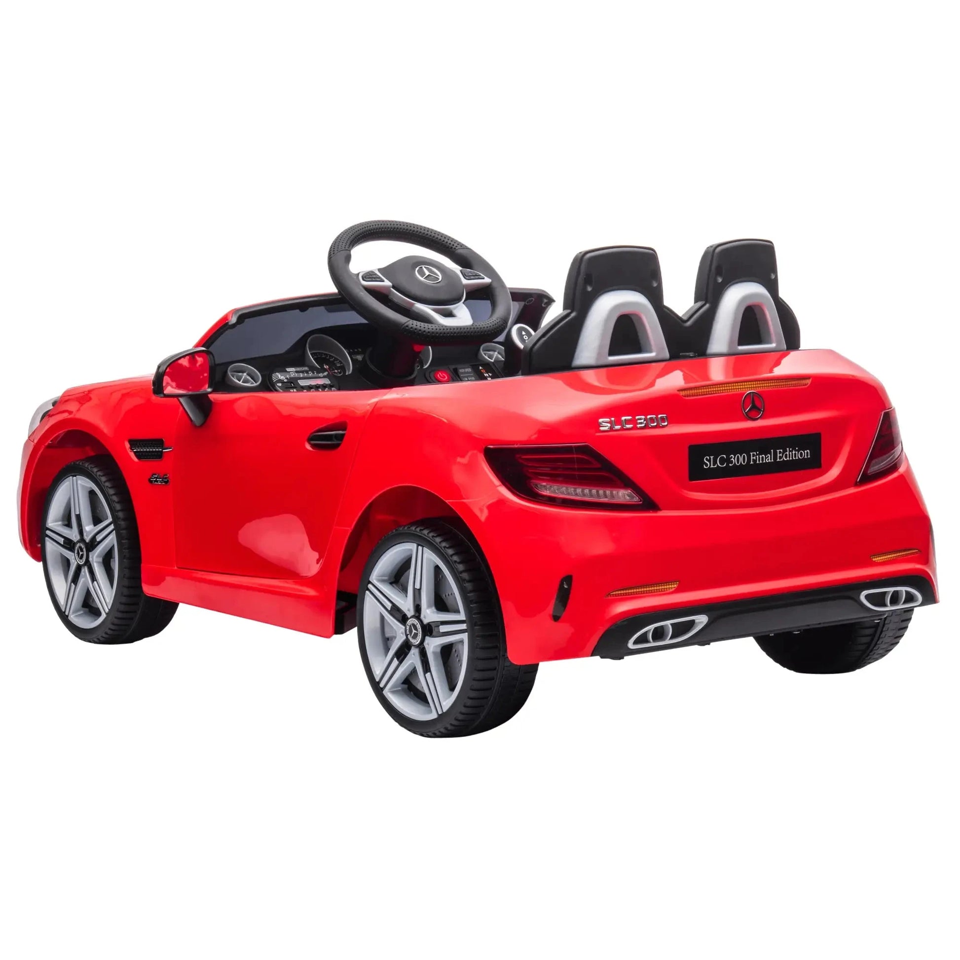 Rotes Mercedes SLC 300 Cabrio Elektroauto für Kinder mit LED-Scheinwerfern und Sicherheitsgurt.