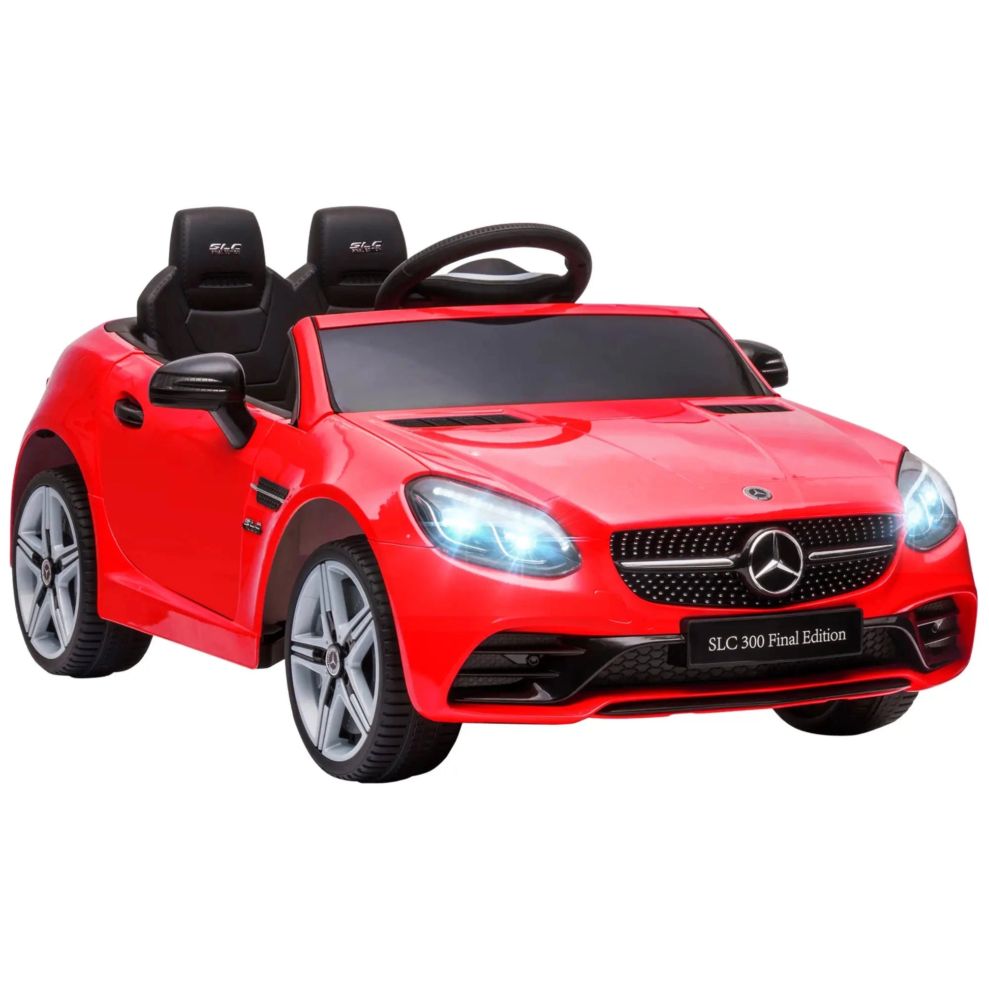 Rotes Mercedes SLC 300 Cabrio Kinder Elektroauto mit LED-Scheinwerfern und Sicherheitsgurt