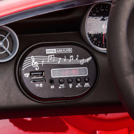 Rotes Mercedes SLC 300 Cabrio Kinder Elektroauto mit LED-Scheinwerfern und Sicherheitsgurt.