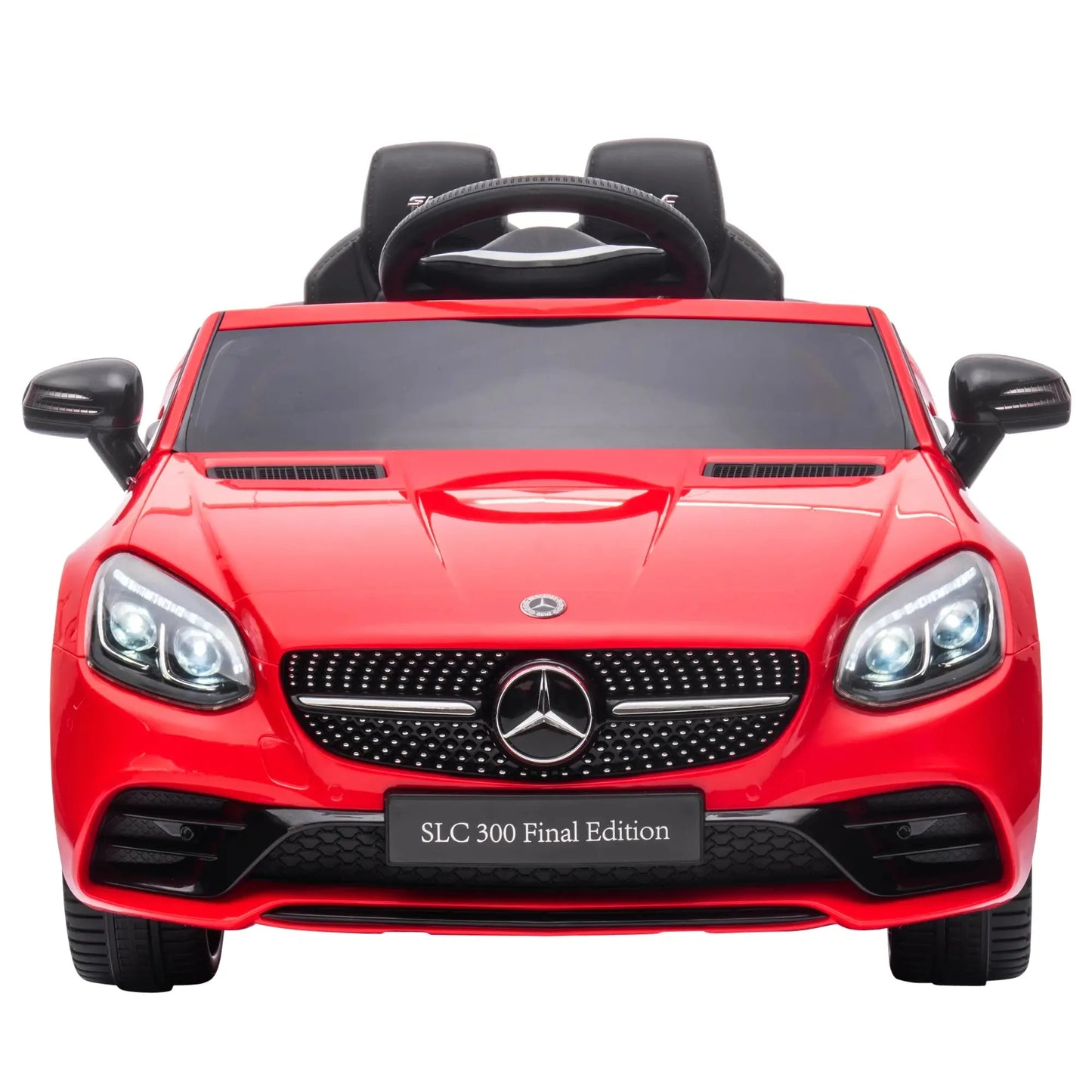 Rotes Mercedes SLC 300 Cabrio Elektroauto für Kinder mit LED-Scheinwerfern und Sicherheitsgurt.