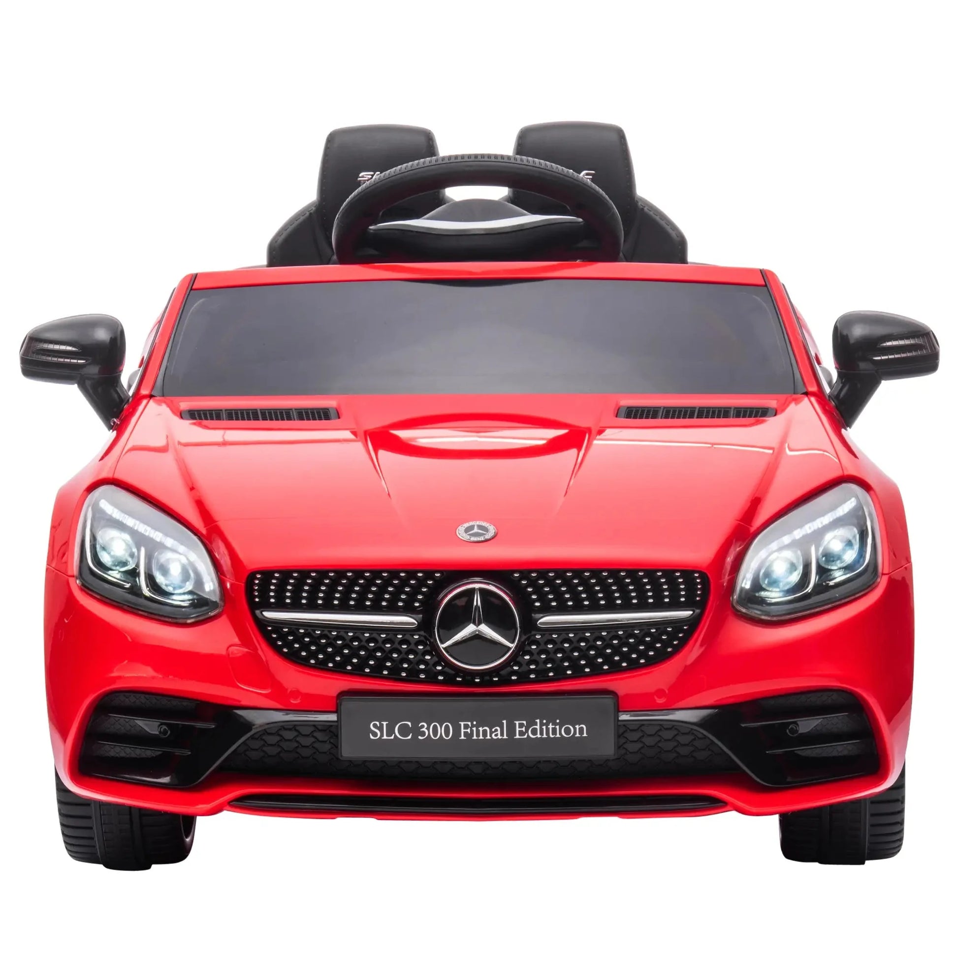 Rotes Mercedes SLC 300 Cabrio Elektroauto für Kinder mit LED-Scheinwerfern und Sicherheitsgurt.
