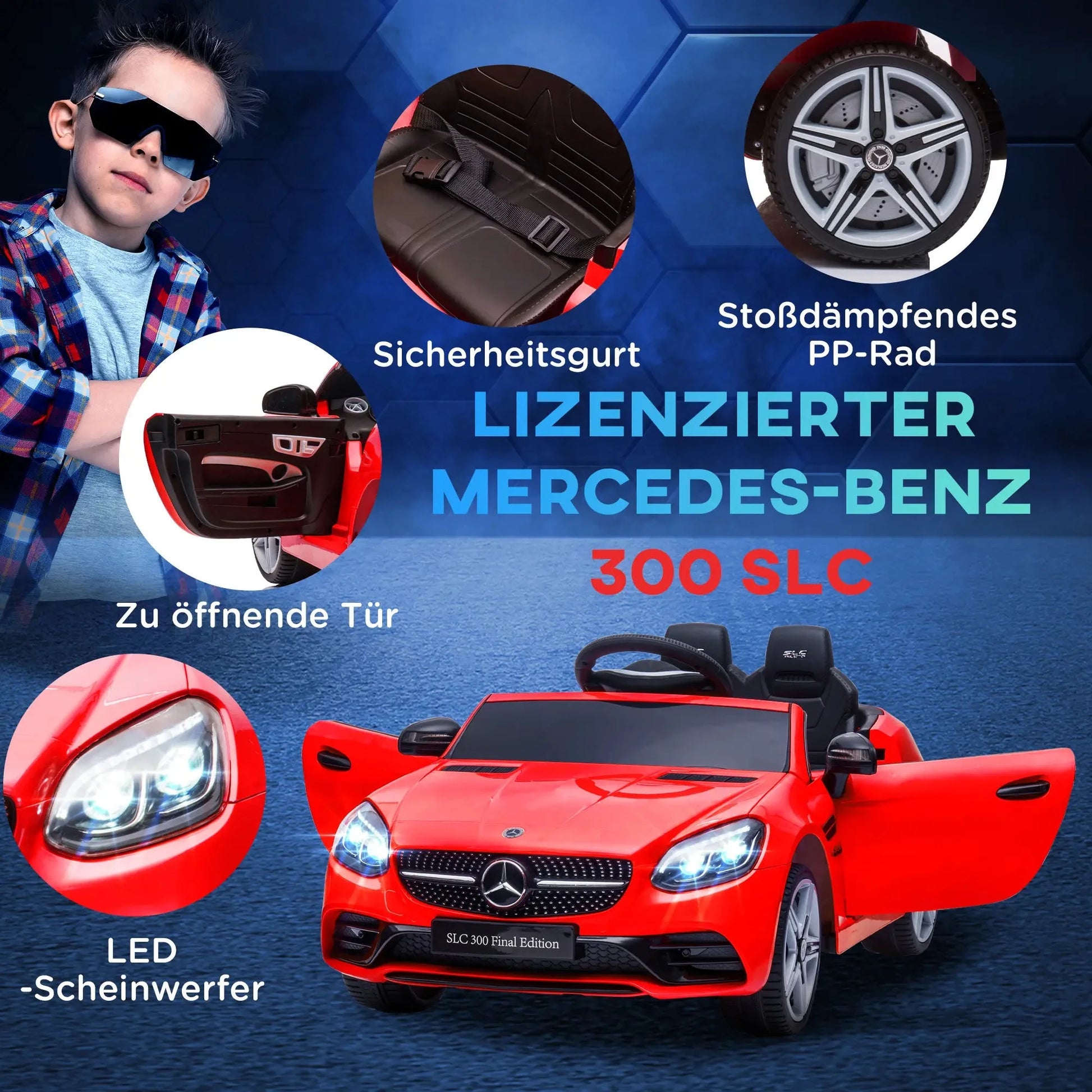 Rotes Mercedes SLC 300 Cabrio Elektroauto für Kinder mit LED-Scheinwerfern und Sicherheitsgurt.