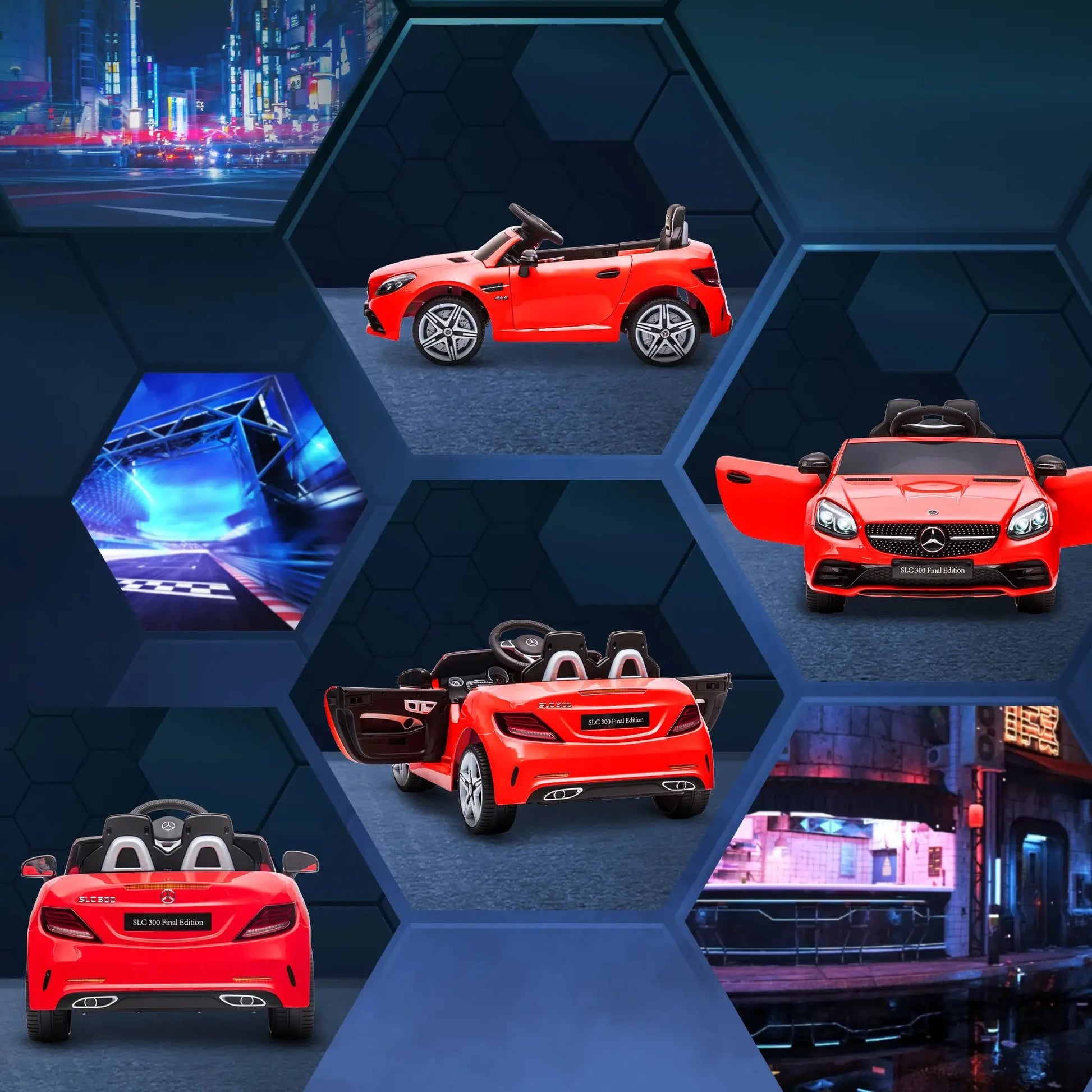 Rotes Mercedes SLC 300 Cabrio Kinder Elektroauto mit LED-Scheinwerfern und Sicherheitsgurt.