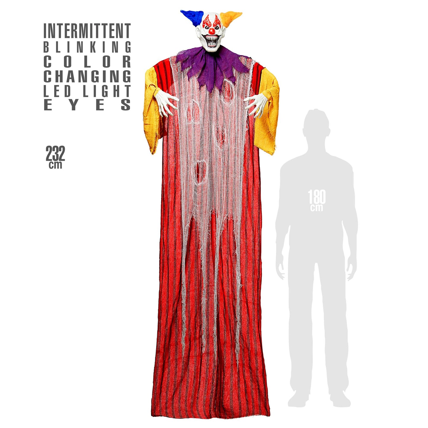 "HORROR CLOWN MIT PULSIEREND BLINKENDEN FARBWECHSELNDEN LED AUGEN" 232 cm – Detailansicht