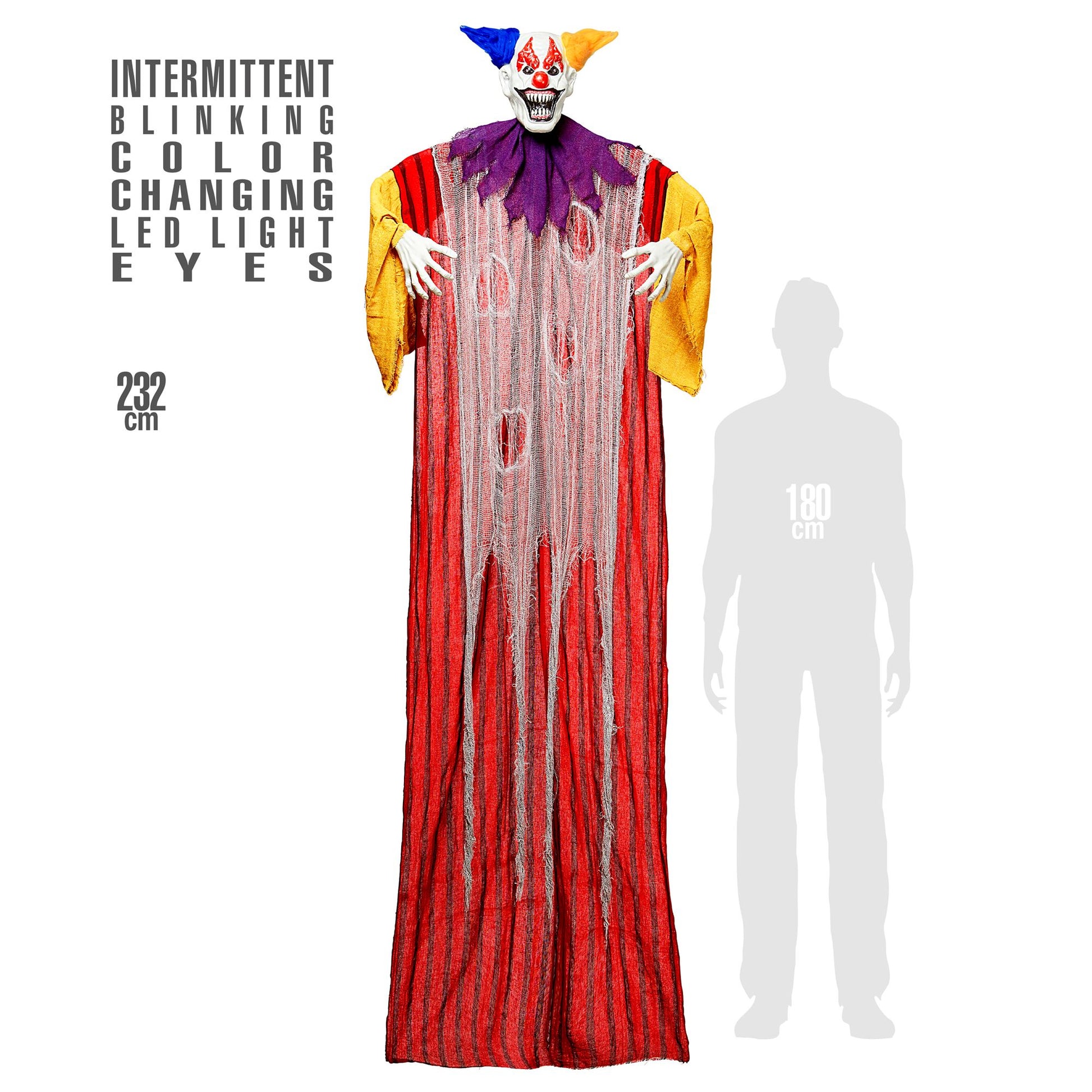 "HORROR CLOWN MIT PULSIEREND BLINKENDEN FARBWECHSELNDEN LED AUGEN" 232 cm – Detailansicht