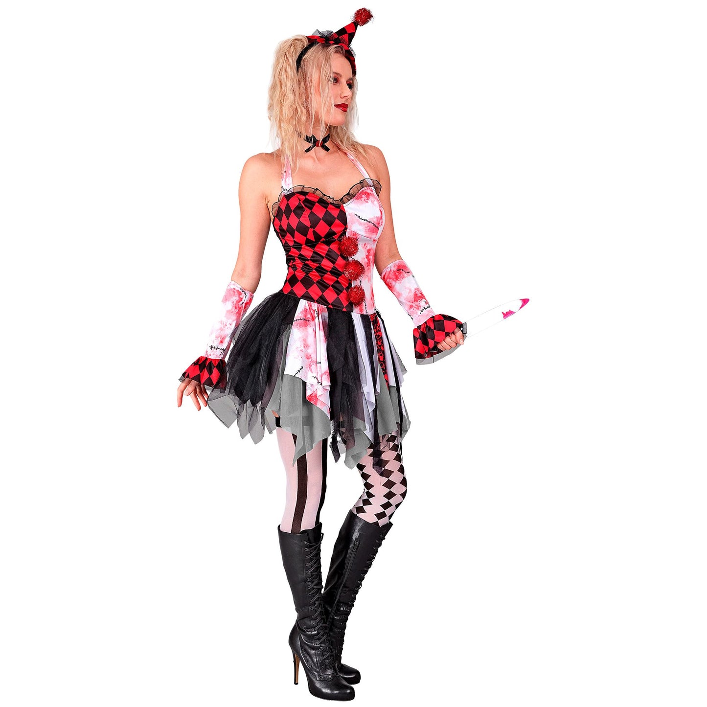 "HORROR HARLEKIN MÄDCHEN" (Kleid, Armbõnder, Minihut) – Detailansicht